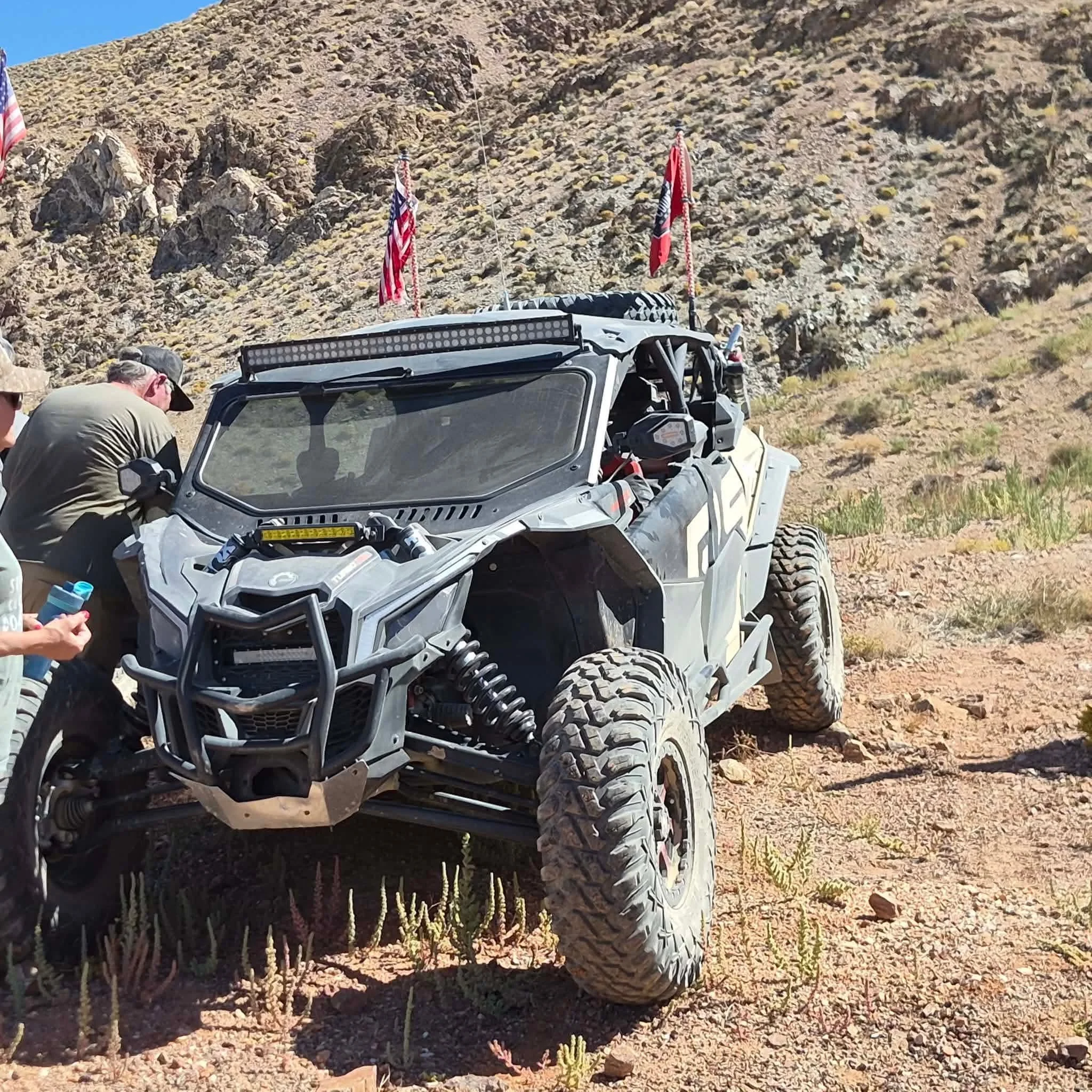 Close-up of an off-road UTV's roll cage and light bar parked in the desert during the 2026 Dyer - Fish Lake Poker Run