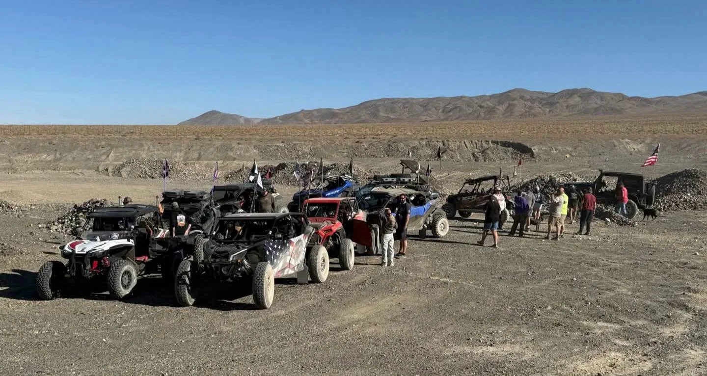 Group of Nye County SxS off-road vehicles gathered at the staging area for the 2026 Dyer - Fish Lake Poker Run in Nevada
