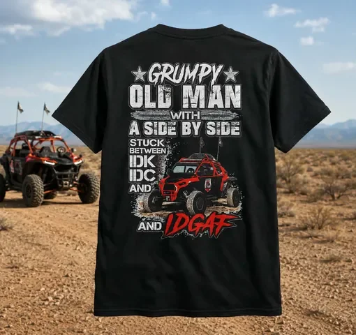 Grumpy Old Man t-shirt back print with UTV riding through the desert, Nye County SXS off-road tee