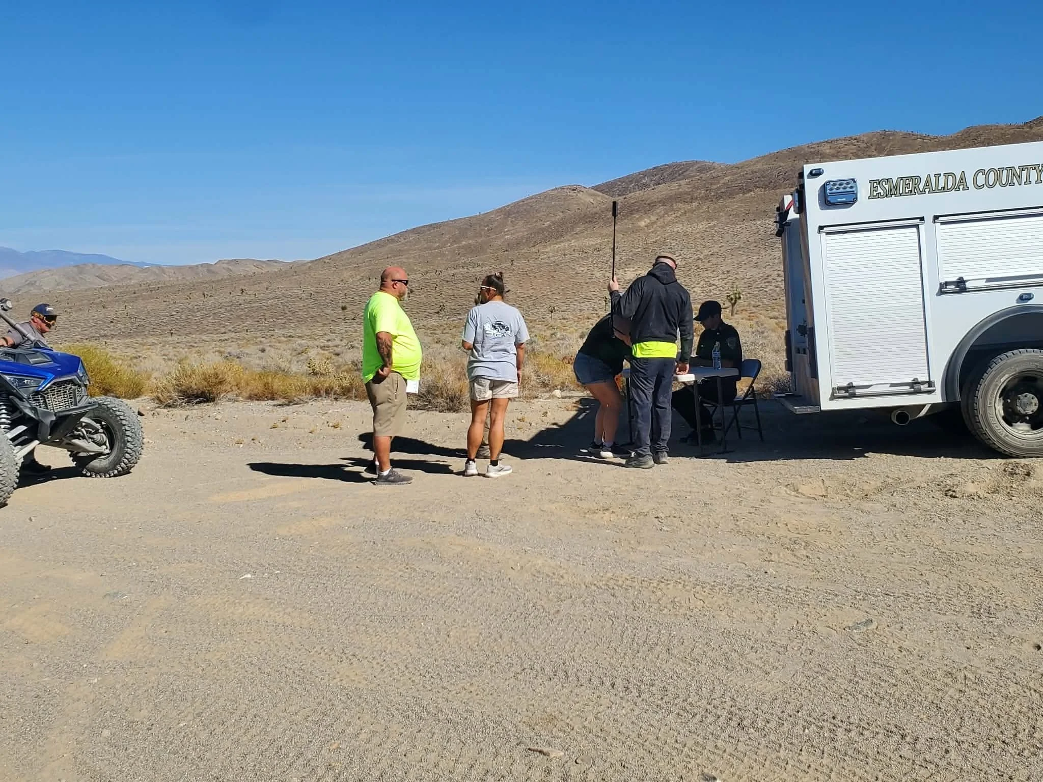Esmeralda County safety vehicle and staff checking on riders during the 2026 Dyer - Fish Lake Poker Run