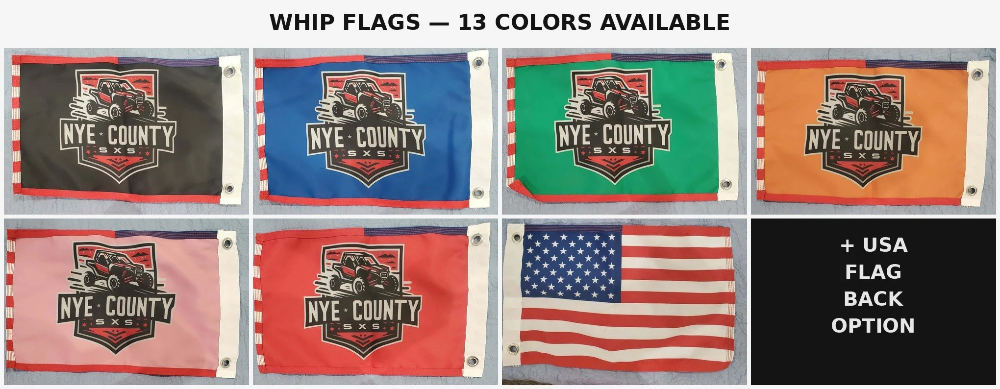 Nye County SxS whip flags in multiple colors - off-road UTV SxS whip flag options