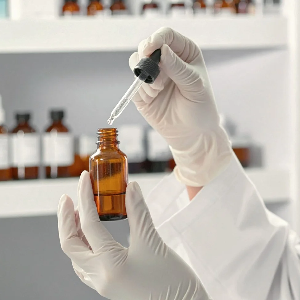 Close-up of a pharmacist adding compounded custom skincare product to an eyedropper bottle