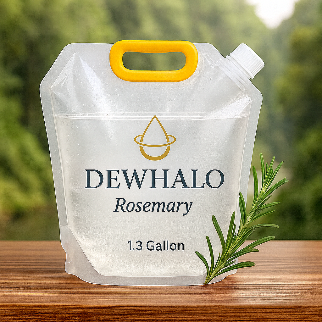 A transparent 1.3-gallon water jug labeled DEWHALO Rosemary with a yellow handle, placed on a wooden surface, with a sprig of rosemary next to it and a blurred outdoor background.