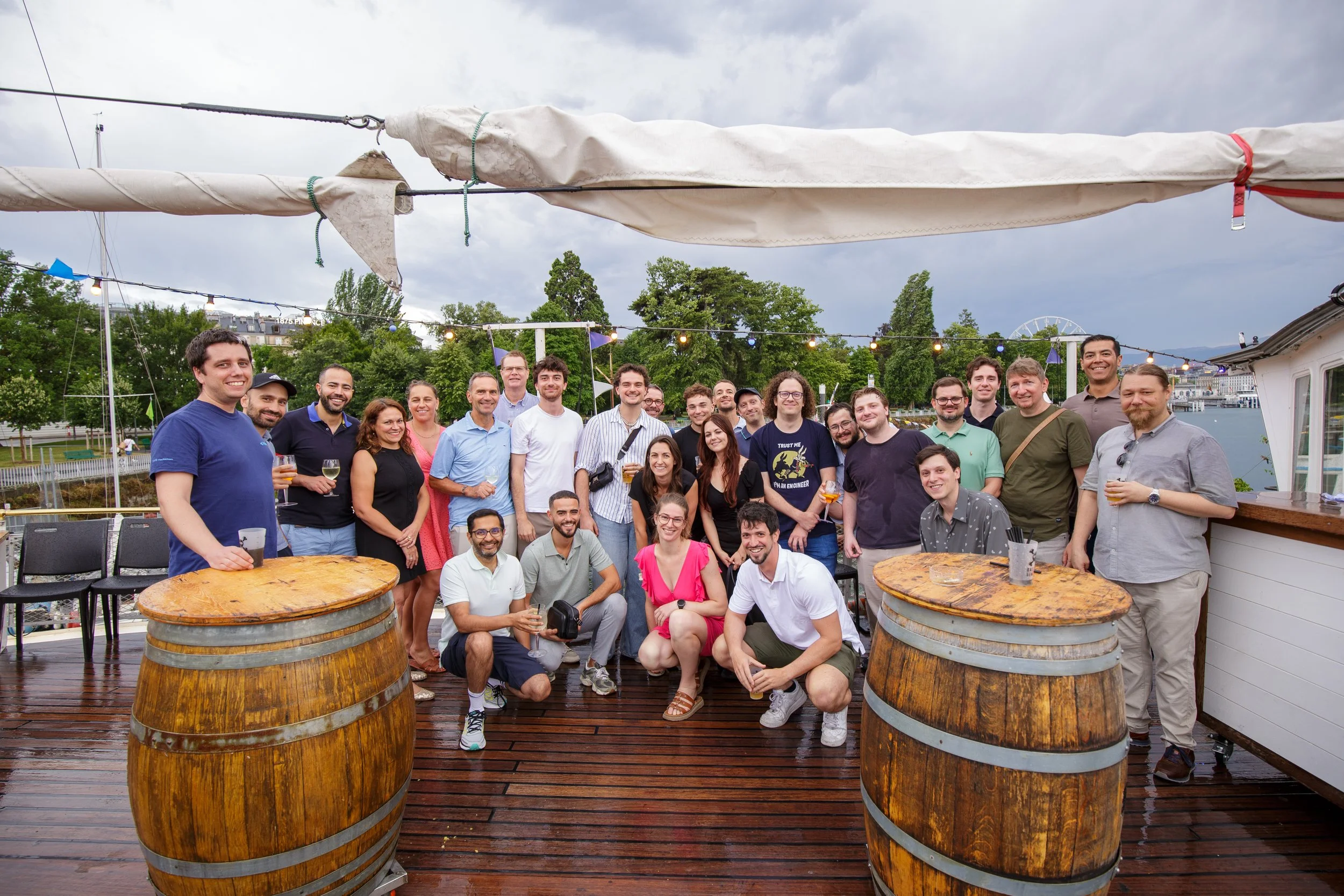 Corporate gathering on a boat in Geneva: a group photograph.