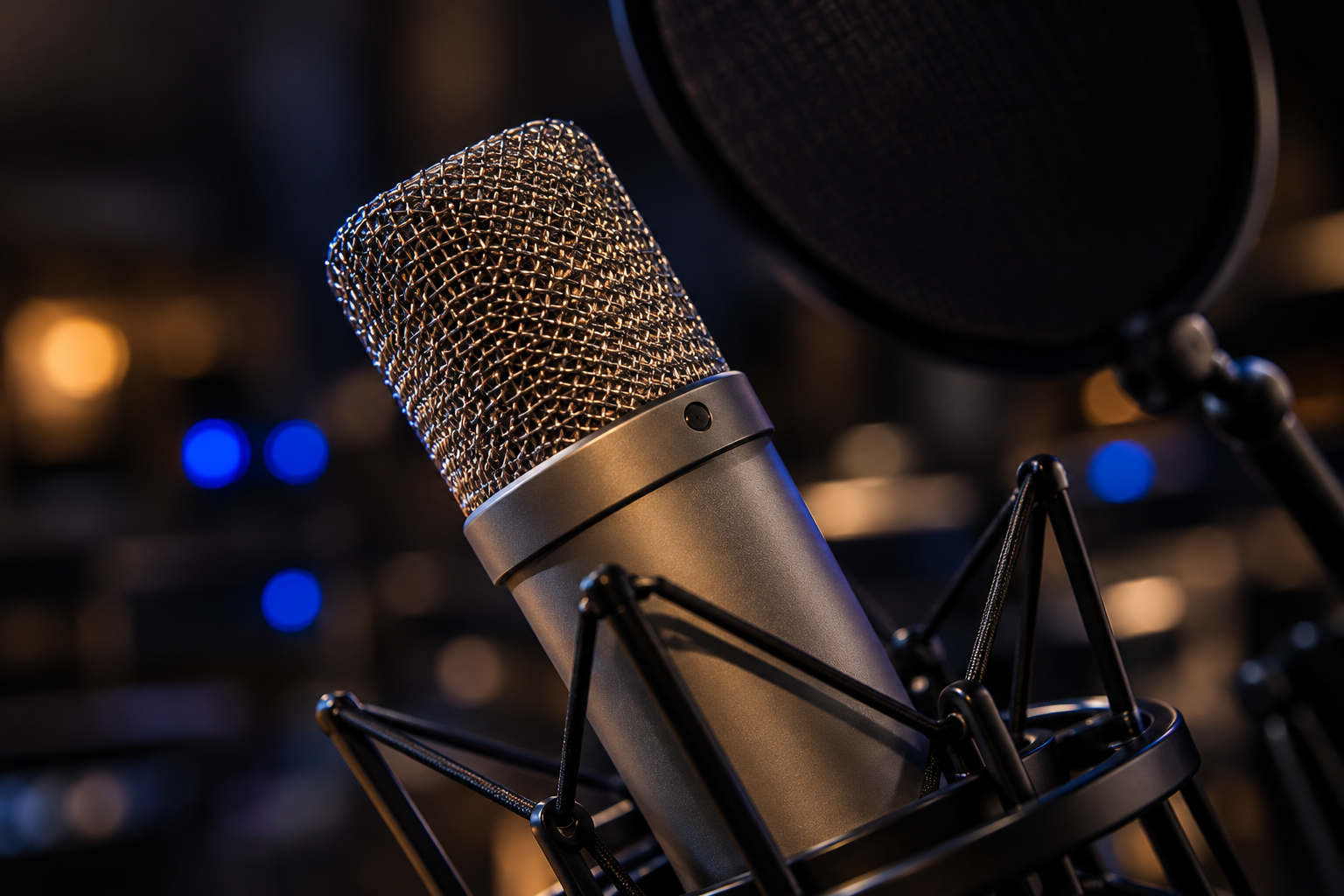 Condenser microphone and pop filter in a recording studio.