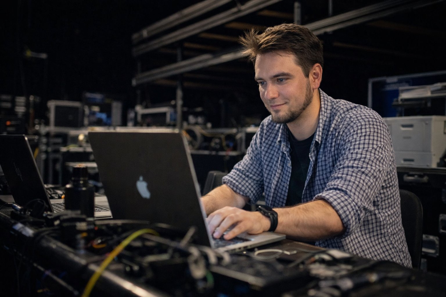 Mykyta Krushelnytskyi with brown hair and a beard working on a silver Apple MacBook laptop in a dimly lit tech workspace