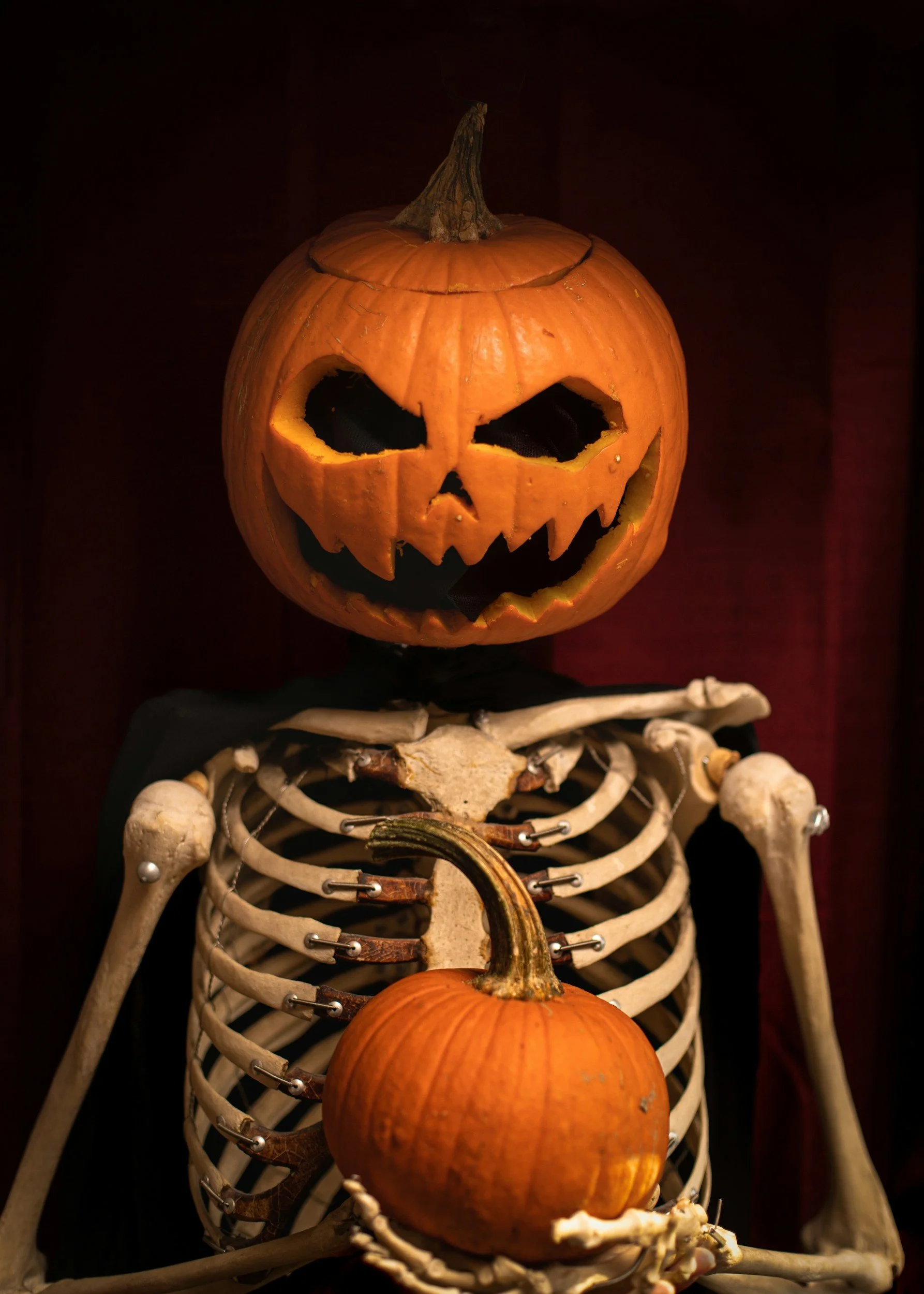 Skeleton with a pumpkin head, holding a smaller pumpkin, on a dark background for Halloween.