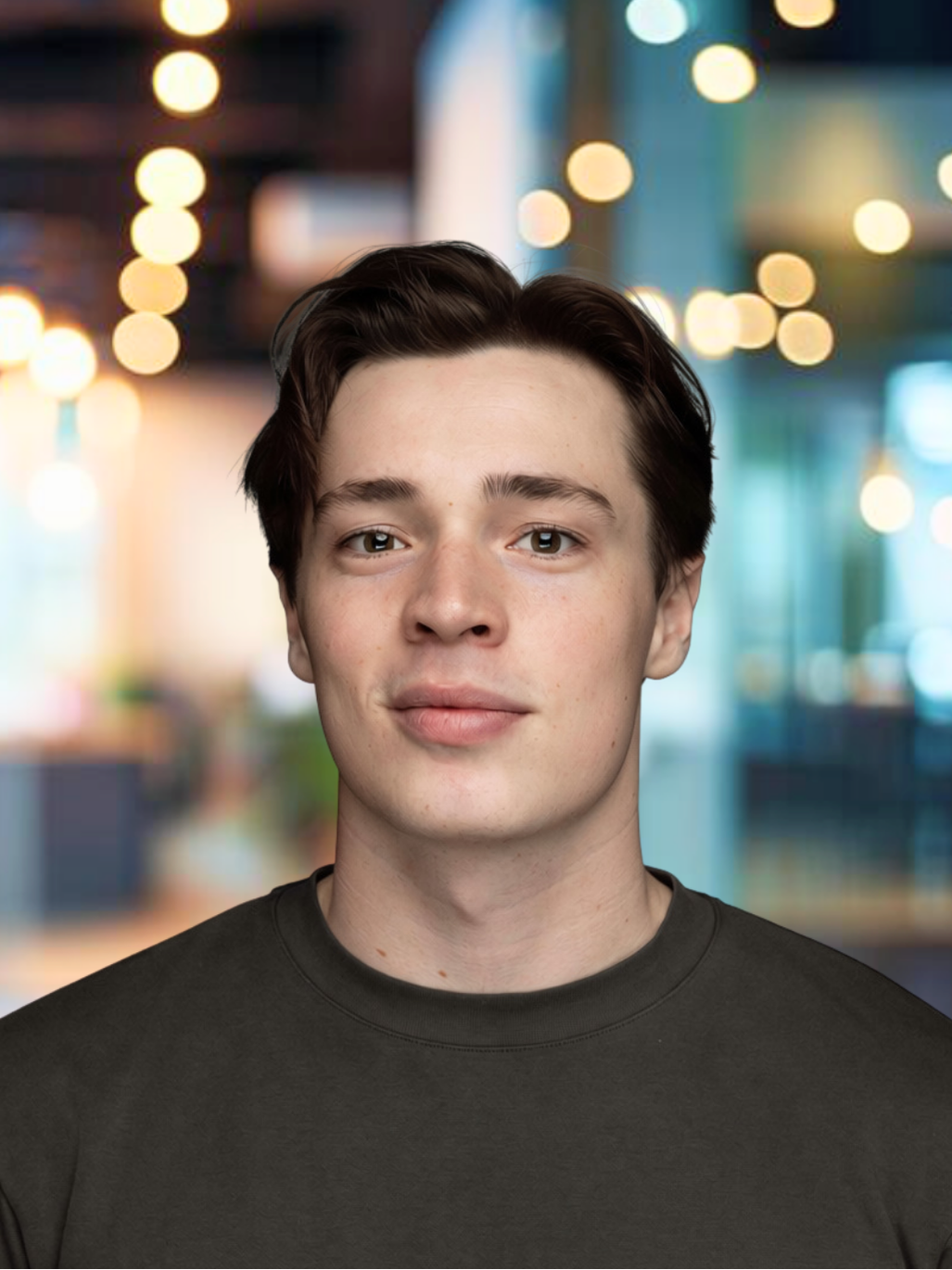 Smiling man wearing a blue top, indoors with warm lighting.