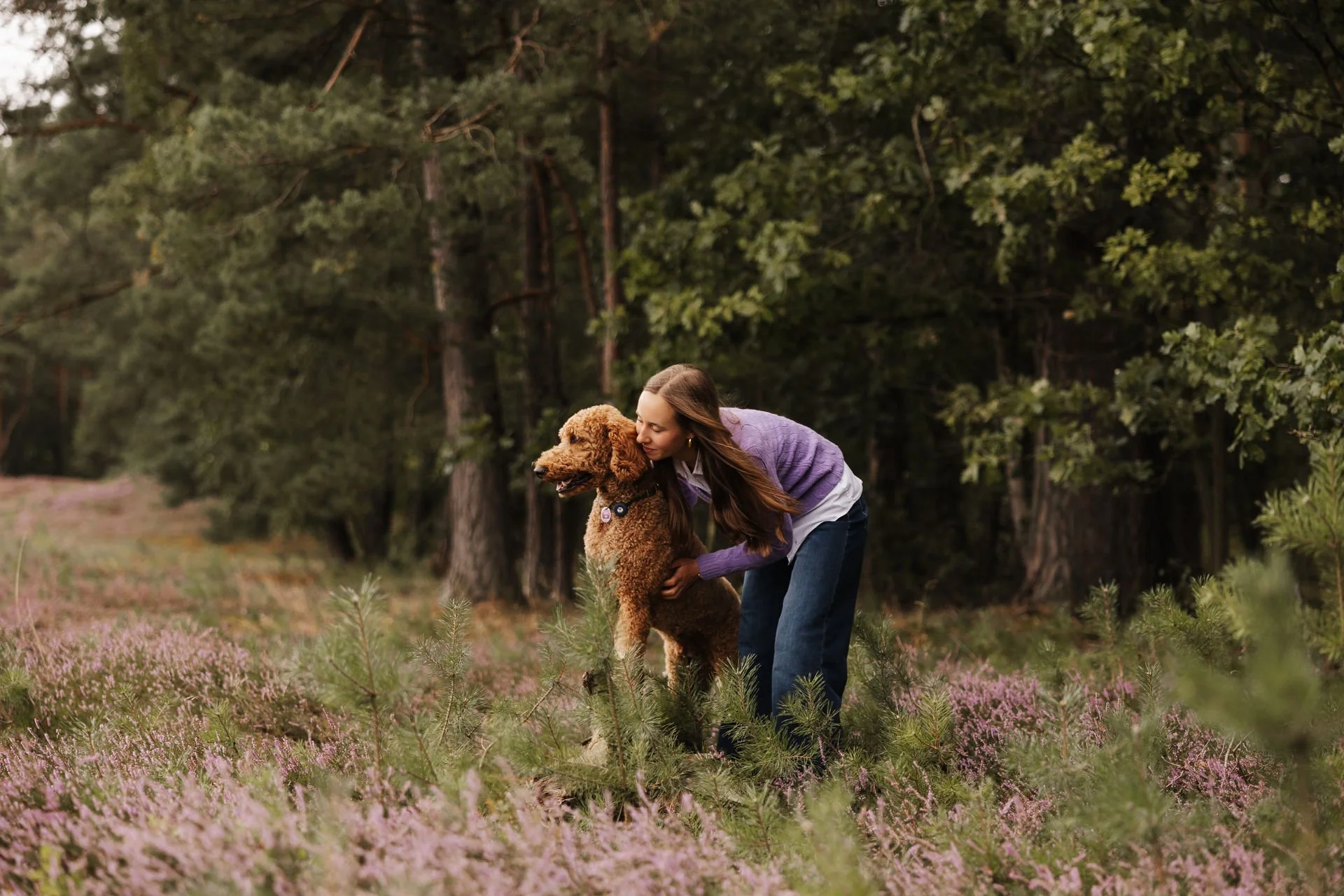 Frau umarmt und küsst ihren Hund inmitten einer blühenden Heidelandschaft am Waldrand