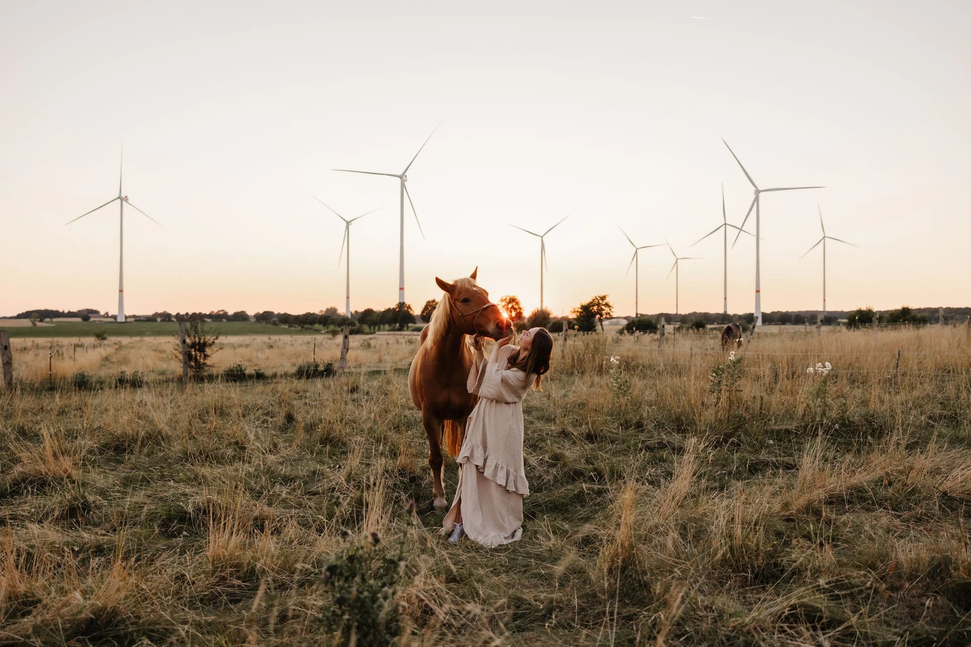 Frau mit Pferd auf einer weiten Wiese bei Sonnenuntergang und Windrädern im Hintergrund