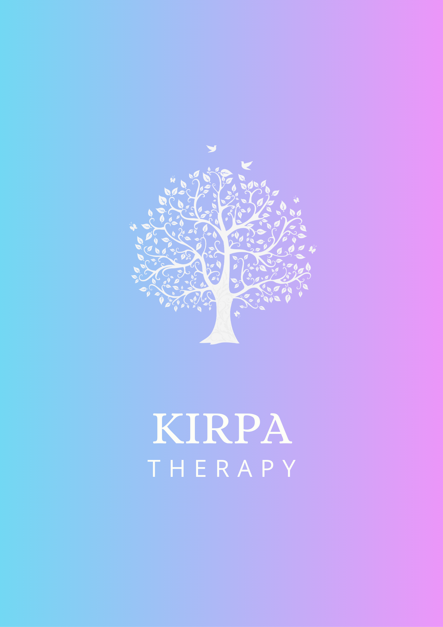 A gradient background shifting from blue on the left to purple on the right, with a white illustration of a tree with many leaves in the center and the words 'KIRPA THERAPY' written below in white text.