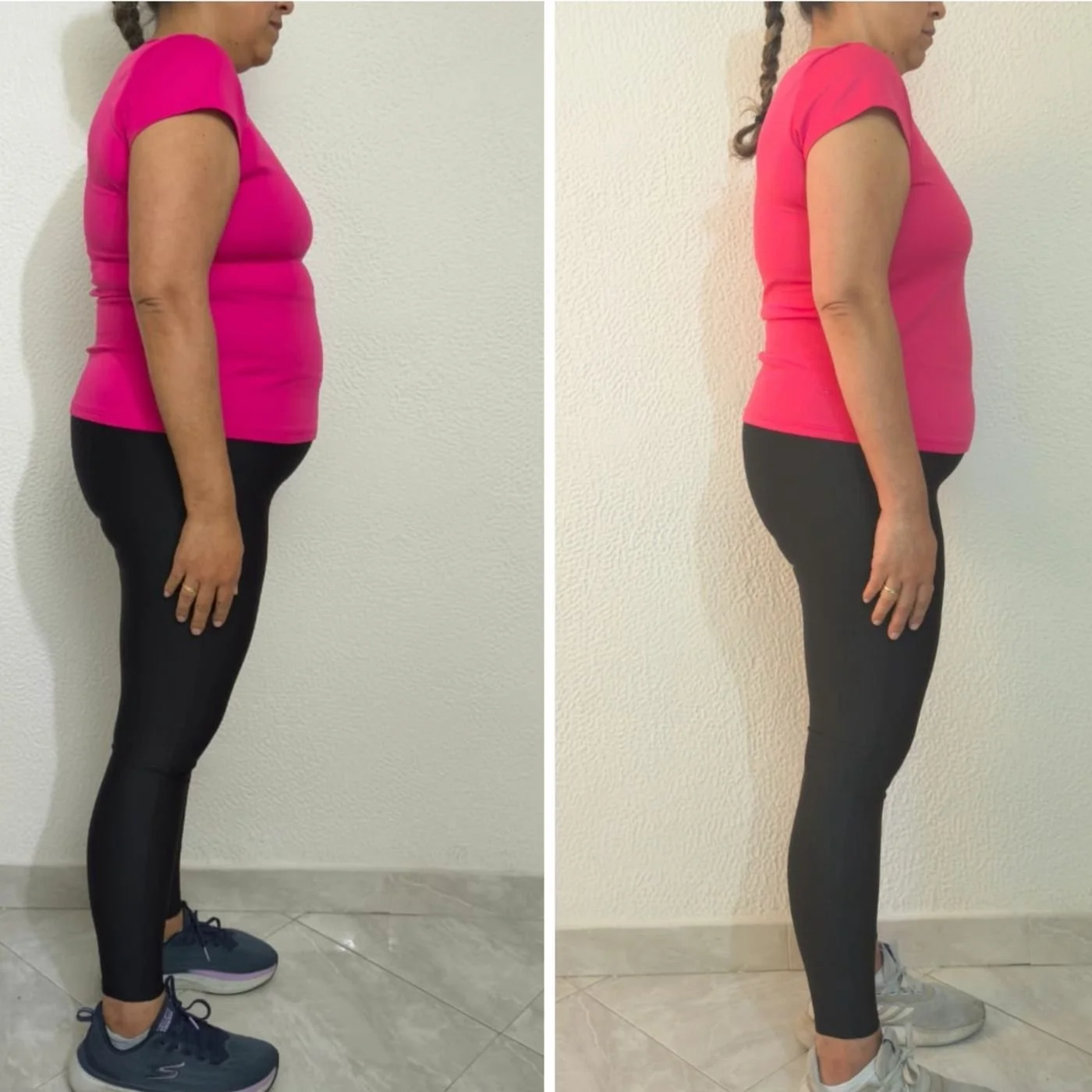 Comparación del perfil de una mujer antes y después de un cambio en su peso, con ropa deportiva, en ambos casos con fondos blancos y piso de baldosas. Después de participar en el Desafío Peso Saludable.