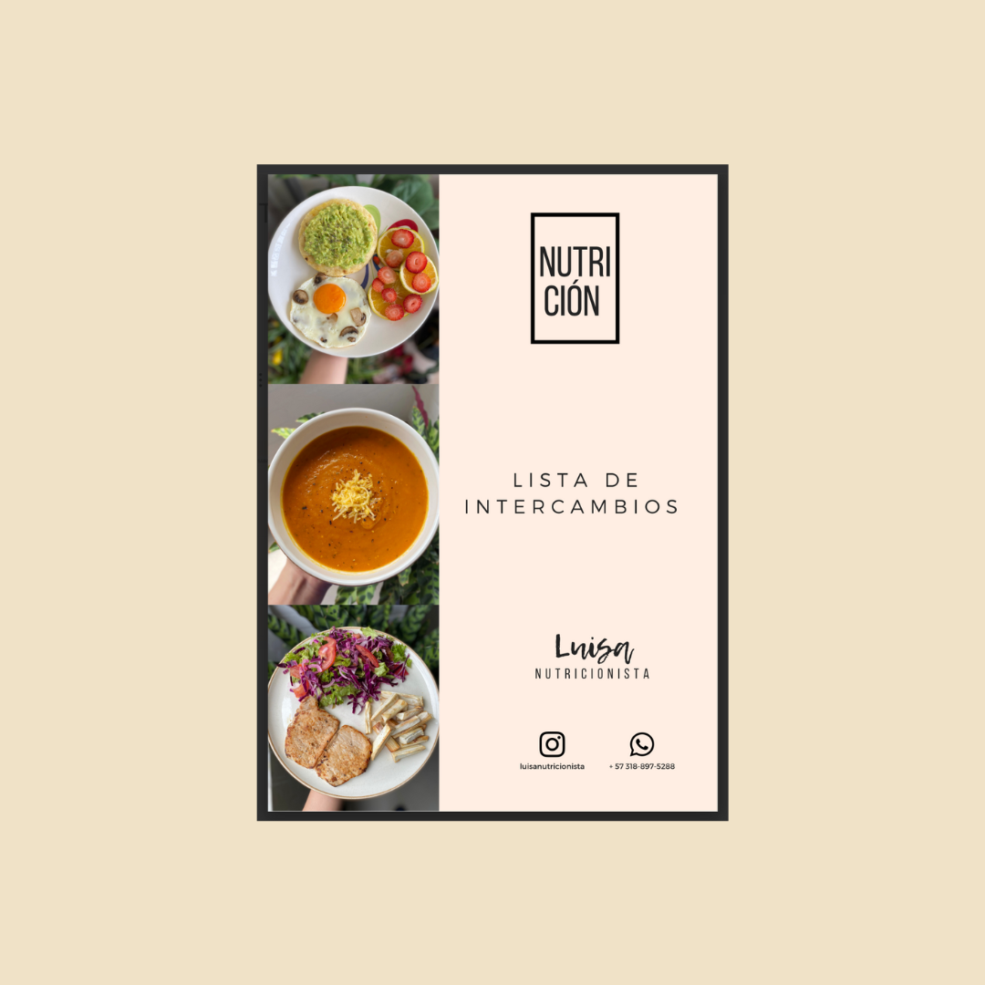 Portada de una lista de intercambios de alimentos saludables con fotos de platos de comida y la información de contacto de la nutricionista Luisa.