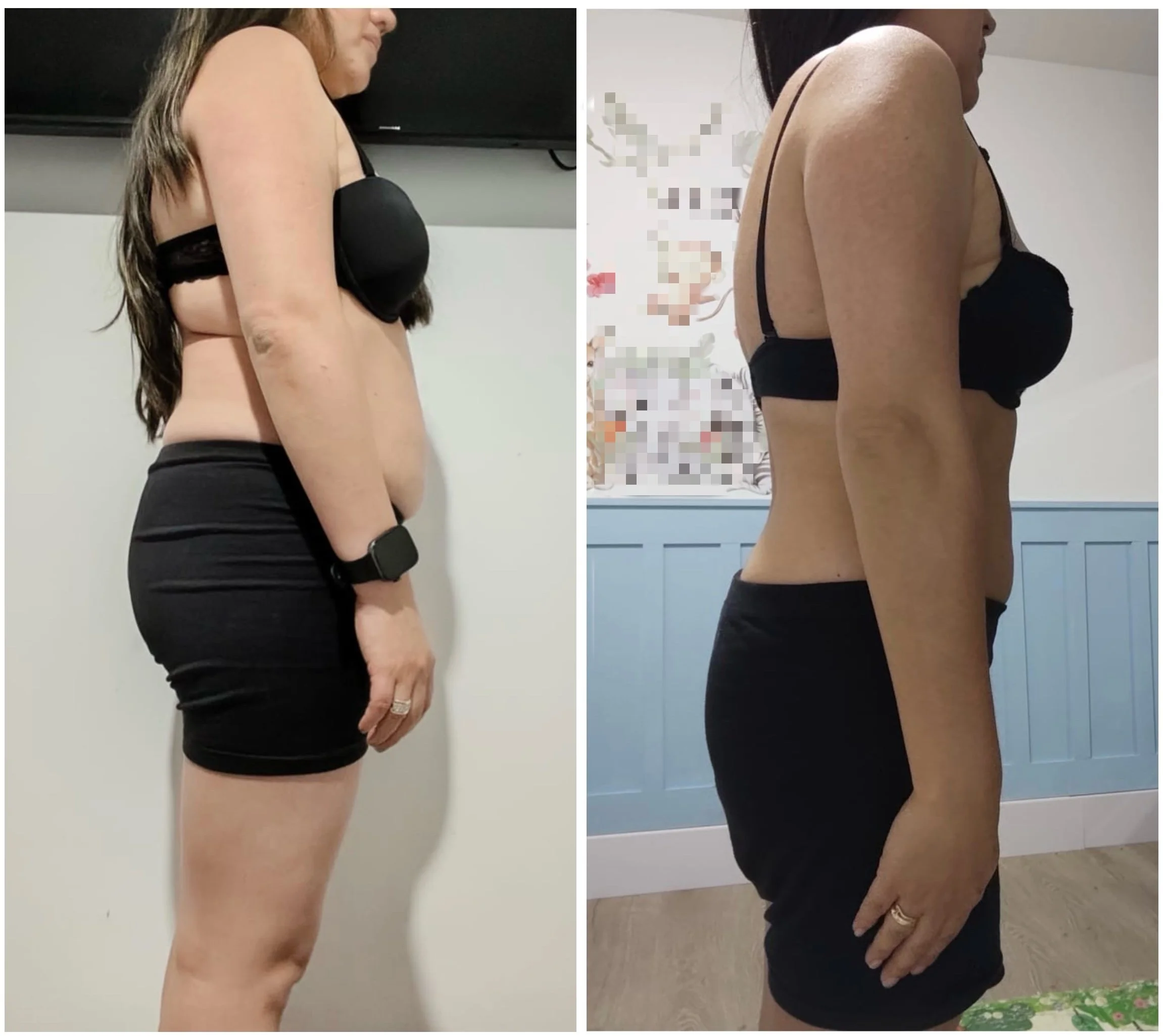 Comparación de fotos de una mujer antes y después de un cambio en su peso en perfil, mostrando cambios en su cuerpo, con una vista más robusta y otra más delgada. Después de participar en el Desafío Peso Saludable.