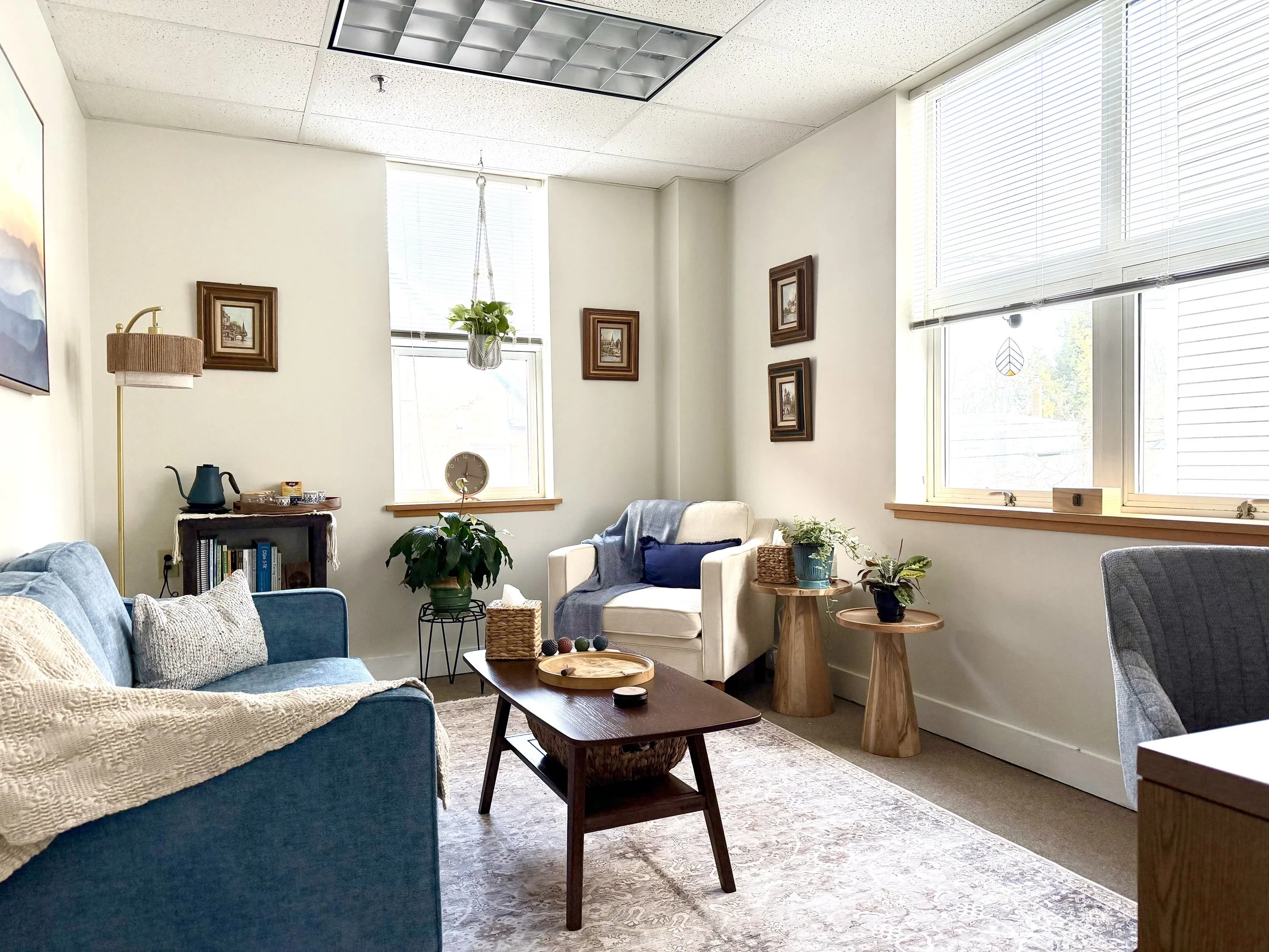 Calming therapy office with blue sofa and beige chair, wooden coffee table, plants, framed pictures, large windows with blinds, and a beige rug.