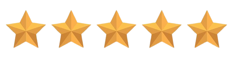 Six gold stars with rounded points arranged in a row over colorful graphic designs.