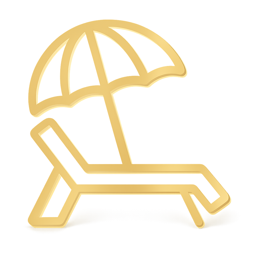 A digital illustration of a lounge chair with an umbrella, glowing in a golden hue, symbolizing relaxing at the beach or poolside.