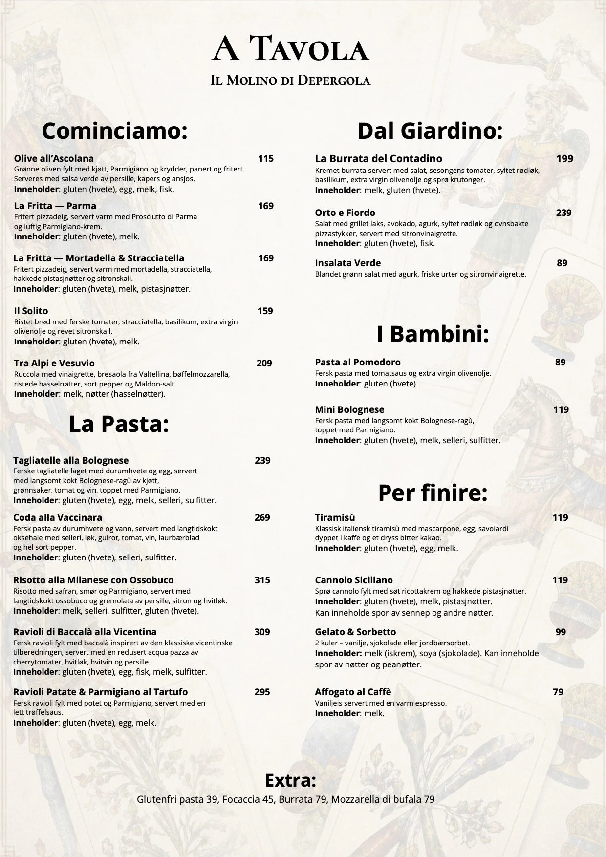 Italian restaurant menu at Il Molino di Depergola in Son