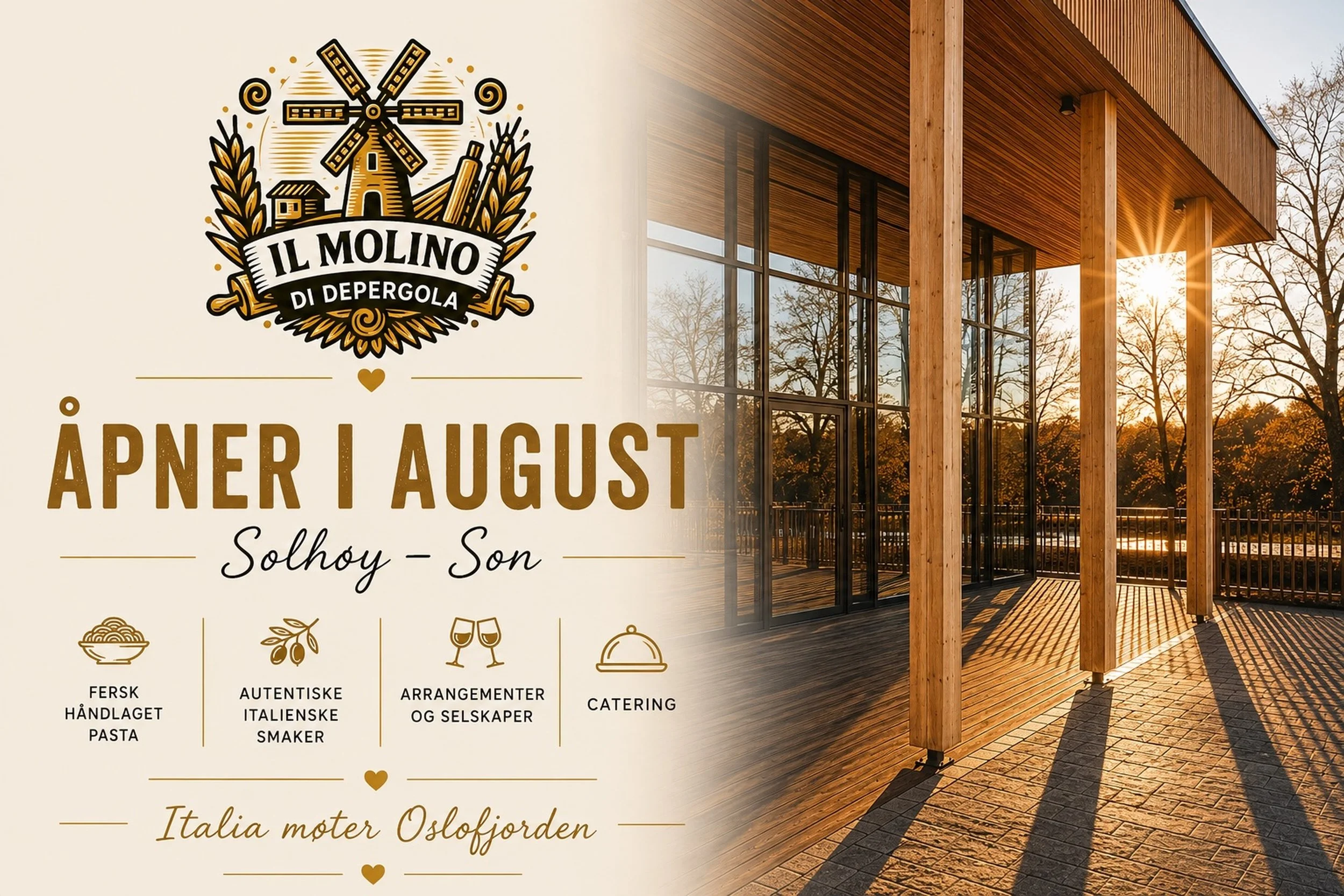 Un logo con un mulino a vento e spighe di grano, con testo che annuncia l'apertura di un locale a Solhy, Sun, in Norvegia, con riferimenti a prodotti alimentari e servizi offerti.