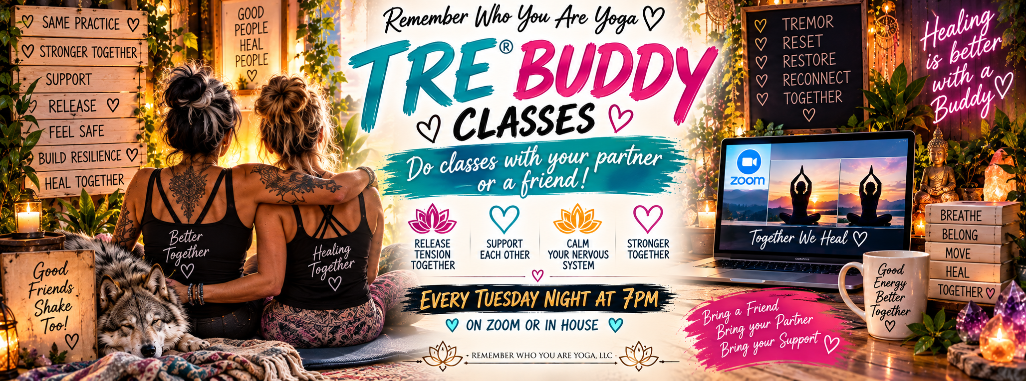 Zoom or in house TRE Buddy sessions every Tuesday evening at 7pm! 