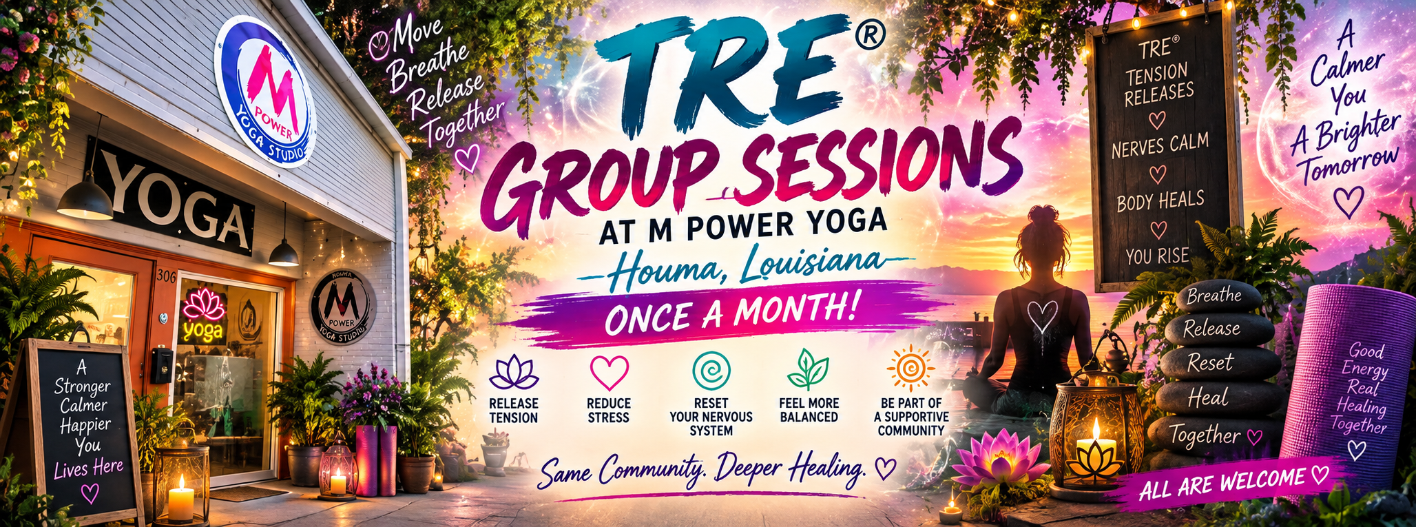 Group TRE sessions once a month at M Power Yoga in Houma!  Join us!