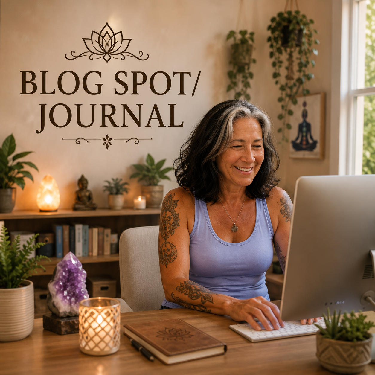 A woman with dark and gray hair, tattoos, and a blue tank top sitting at a desk with a computer, smiling. The background has plants, candles, and books, with a sign that reads 'Blog Spot / Journal' and a lotus flower design.