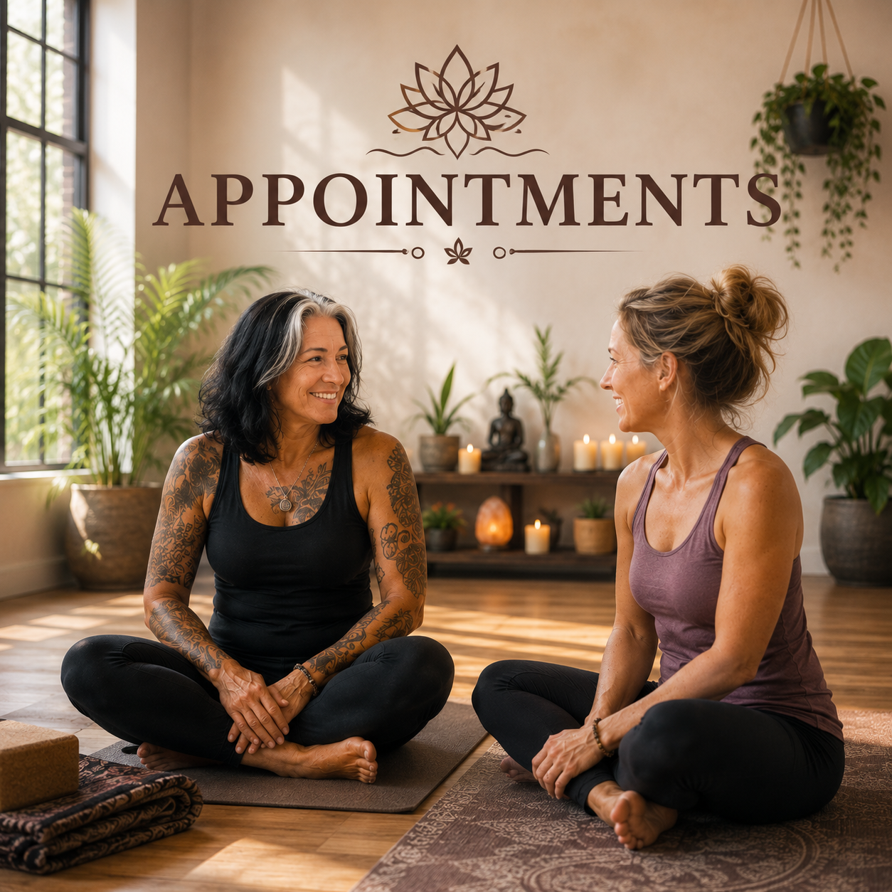 Two women sitting cross-legged on yoga mats in a meditation room, smiling and talking. The room has plants, candles, and a Buddha statue, with the word 'Appointments' on the wall.