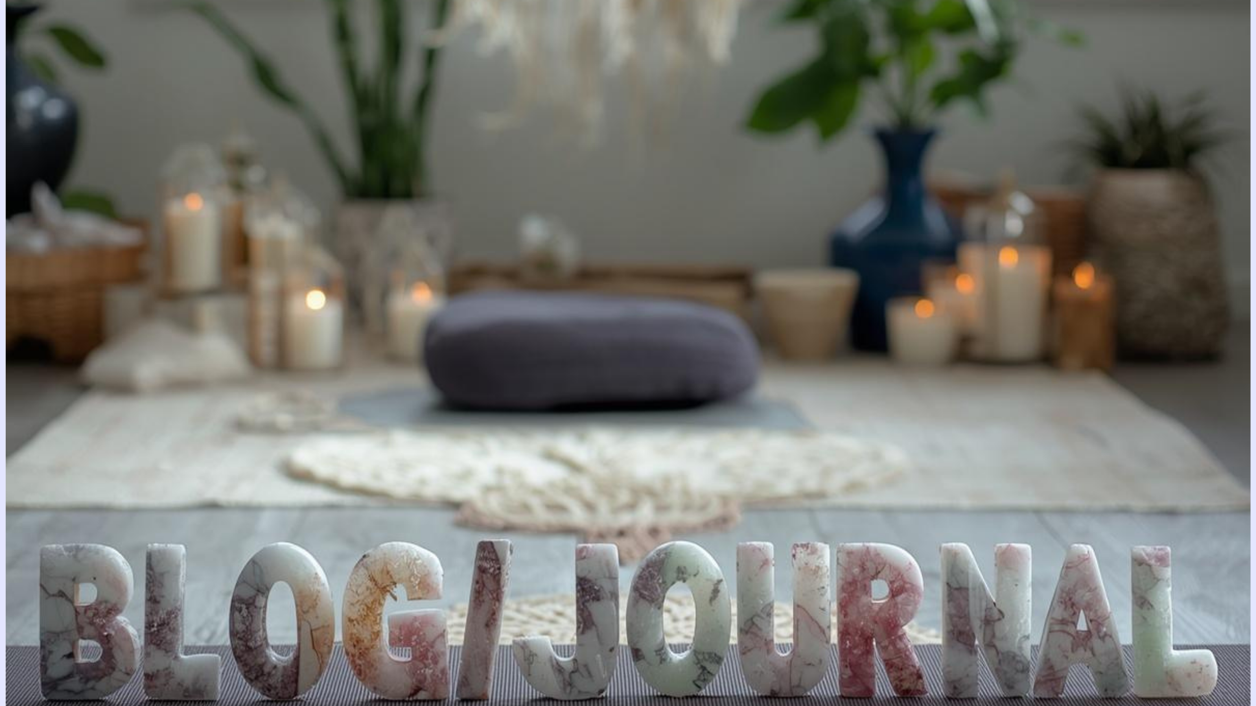Decorative marble letters spelling 'BLOGGING' in front of a cozy, relaxing setting with candles, cushions, and indoor plants.