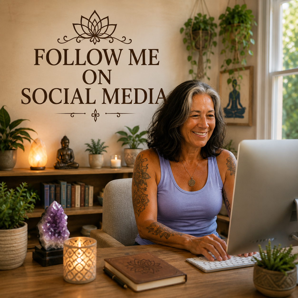 A smiling woman with tattooed arms seated at a desk, working on a computer in a room decorated with plants, candles, and spiritual decor.