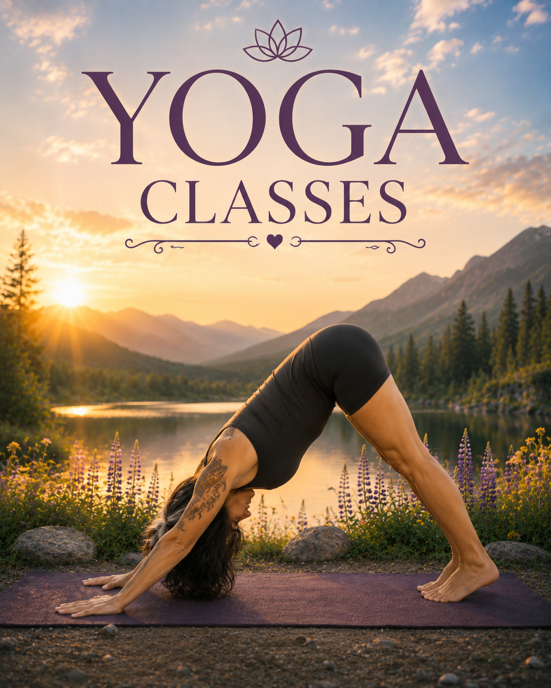 A woman practicing yoga outdoors by a lake at sunrise, with mountains and trees in the background, and the text 'YOGA CLASSES' at the top.