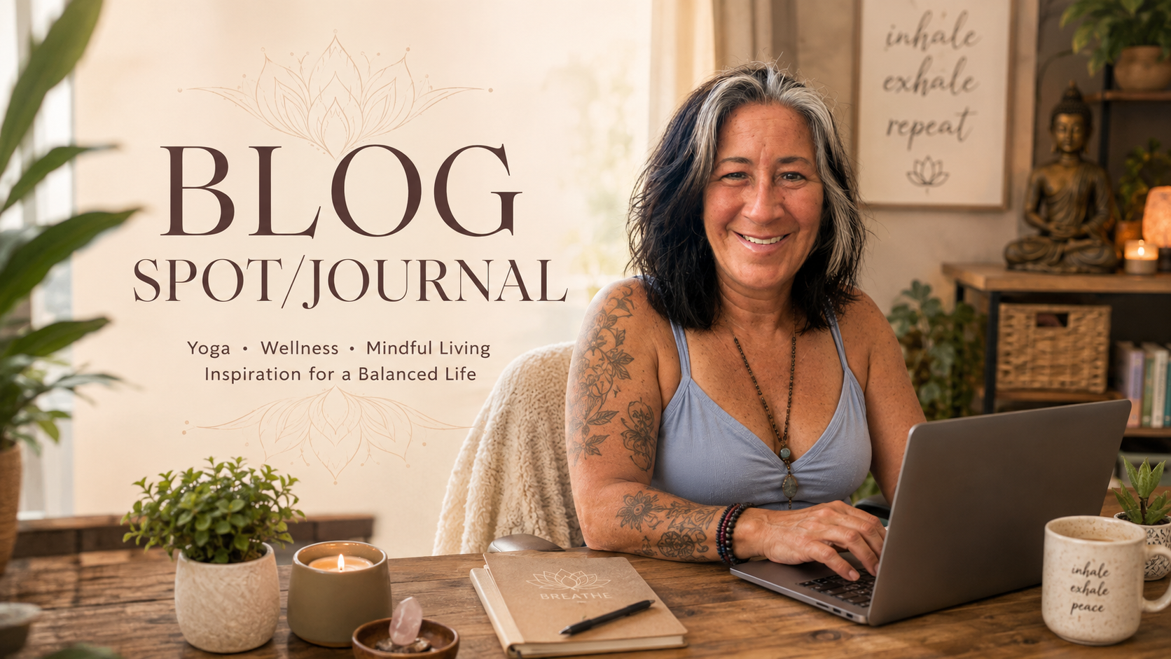 A woman with dark and gray hair smiling at a desk with a laptop, surrounded by plants, candles, and wellness decor, in a cozy room promoting yoga, wellness, and mindful living.