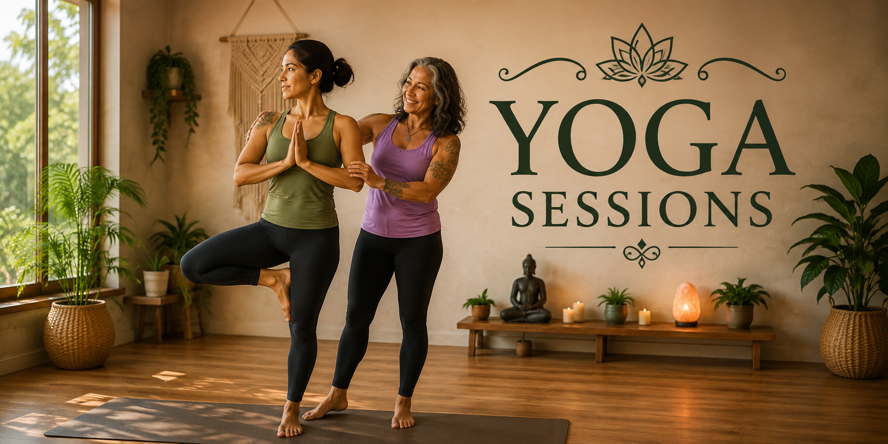 Two women practicing yoga in a peaceful, well-lit room with plants, candles, and a Buddha statue, with a large sign that says "Yoga Sessions" on the wall.