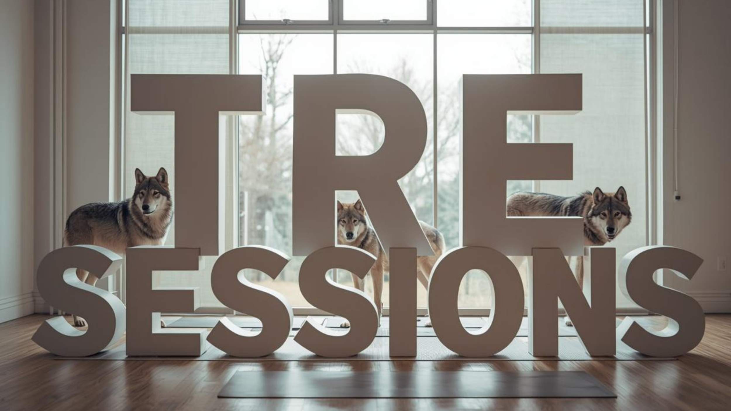 Three wolves standing behind large 3D letters spelling 'TRIBE SESSIONS' near a large window with trees outside.