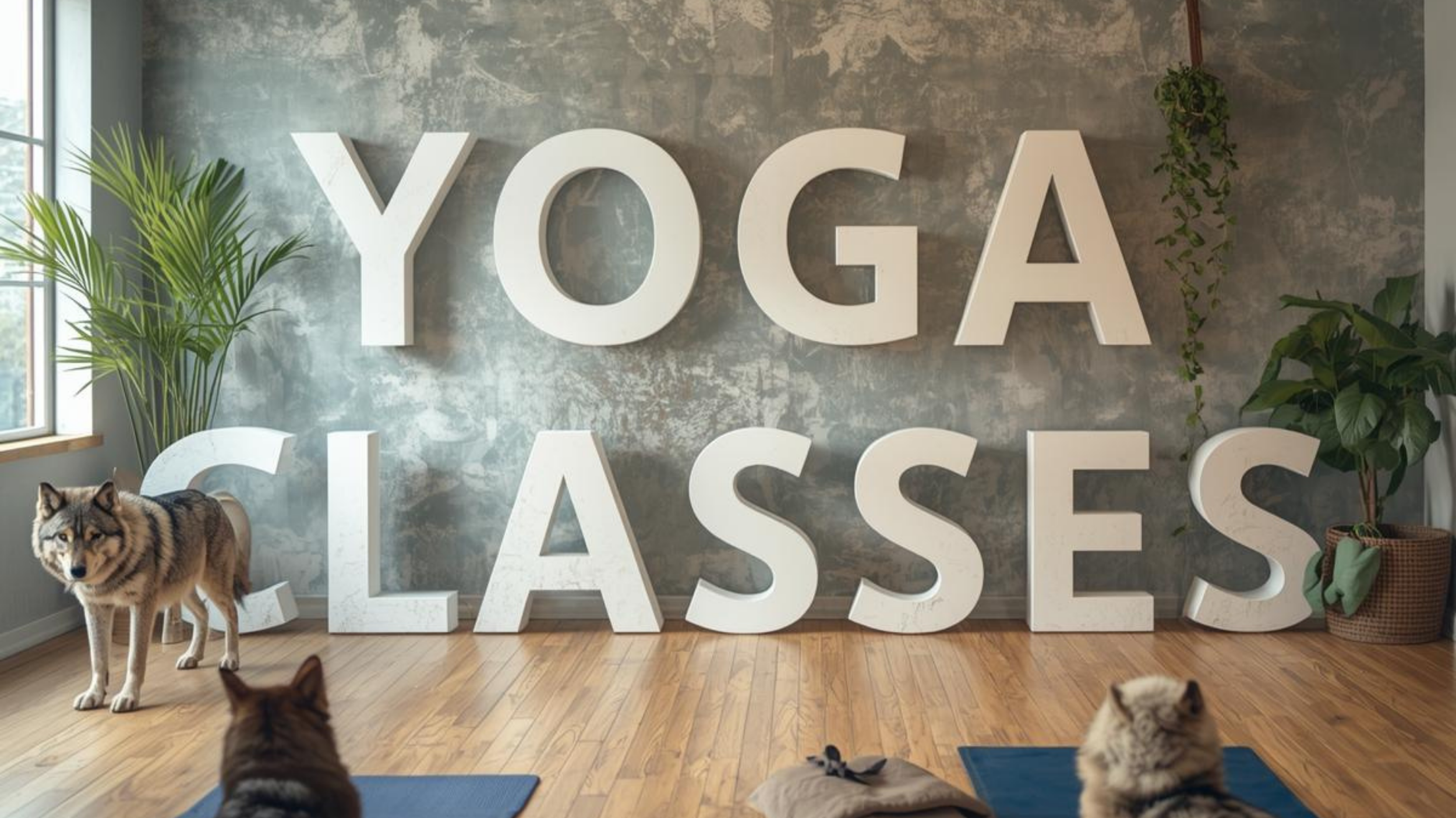 Interior of a yoga studio with large white letters spelling 'YOGA CLASSES' on a gray textured wall, potted plants, a wolf, a cat, and a yoga mat on a wooden floor.