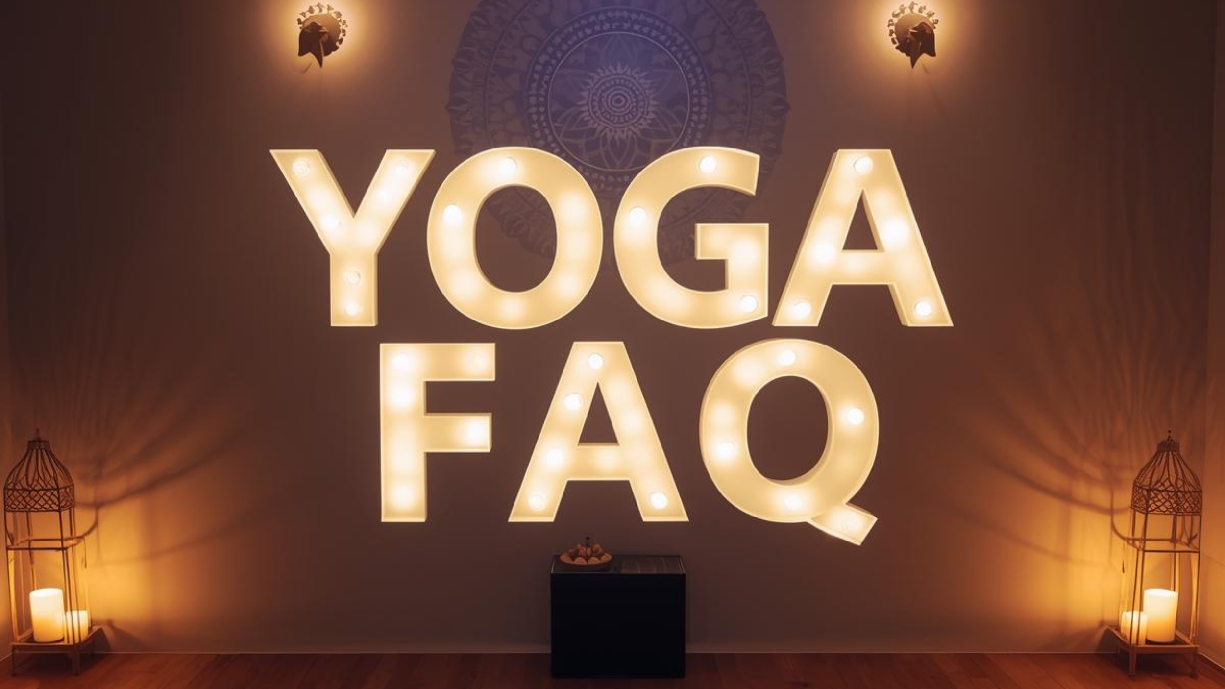 Decorative wall with illuminated marquee letters spelling 'YOGA FAQ', two wall-mounted lights, two large candle lanterns with candles on the floor, and a small table with snacks in the background.