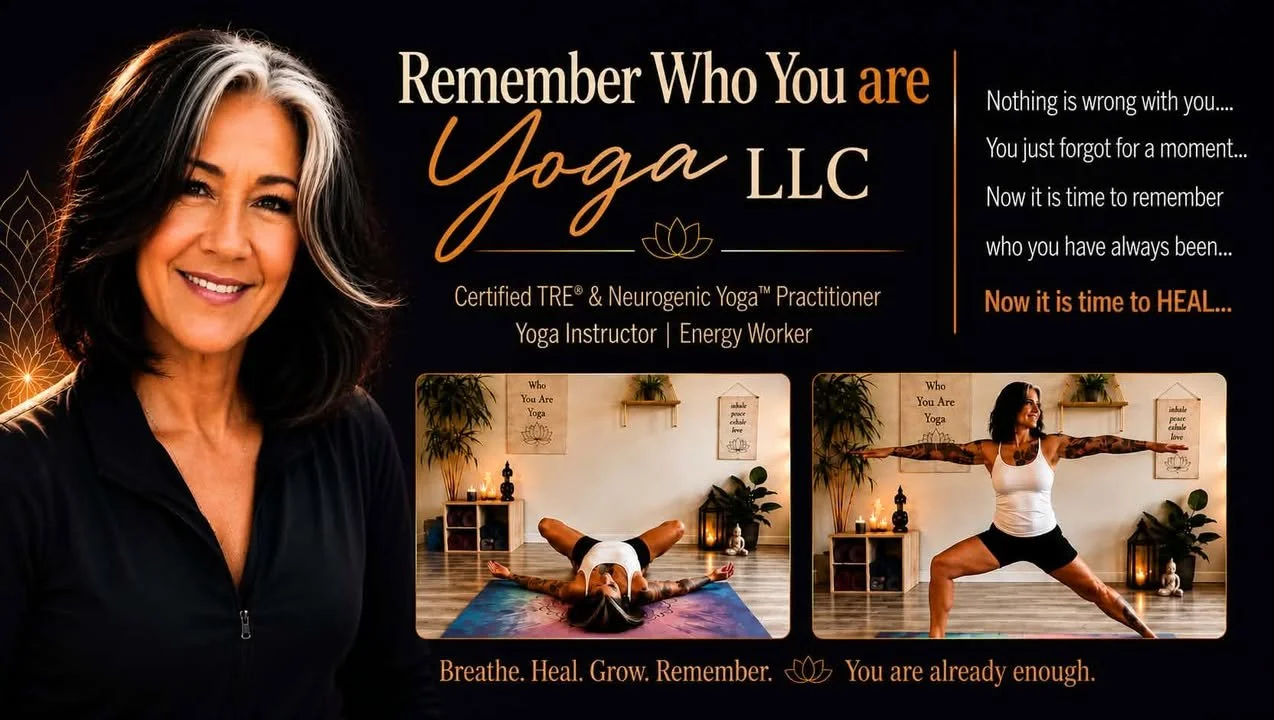 Flyer for Yoga LLC featuring a smiling woman with gray hair on the left, and two images of a woman practicing yoga on the right; the flyer includes motivational text about healing and self-acceptance.