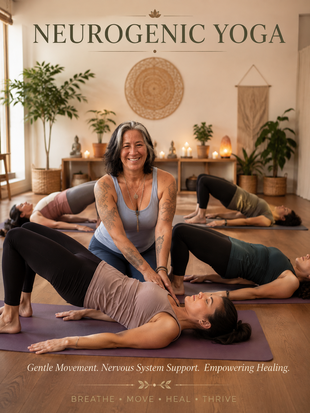 A woman leading a neurogenic yoga class with four students lying on yoga mats in a peaceful, well-lit studio with plants and candles.