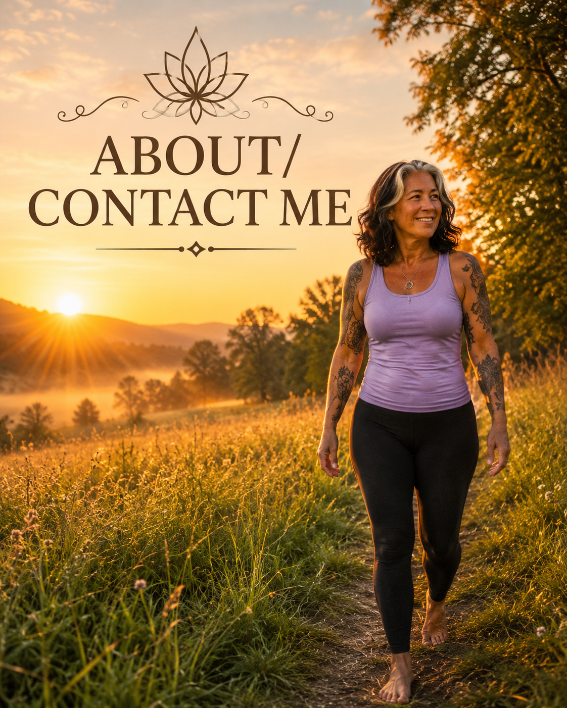 A woman walking barefoot on a grassy trail during sunset, with a scenic countryside background and the words 'About/Contact Me' overlaid.