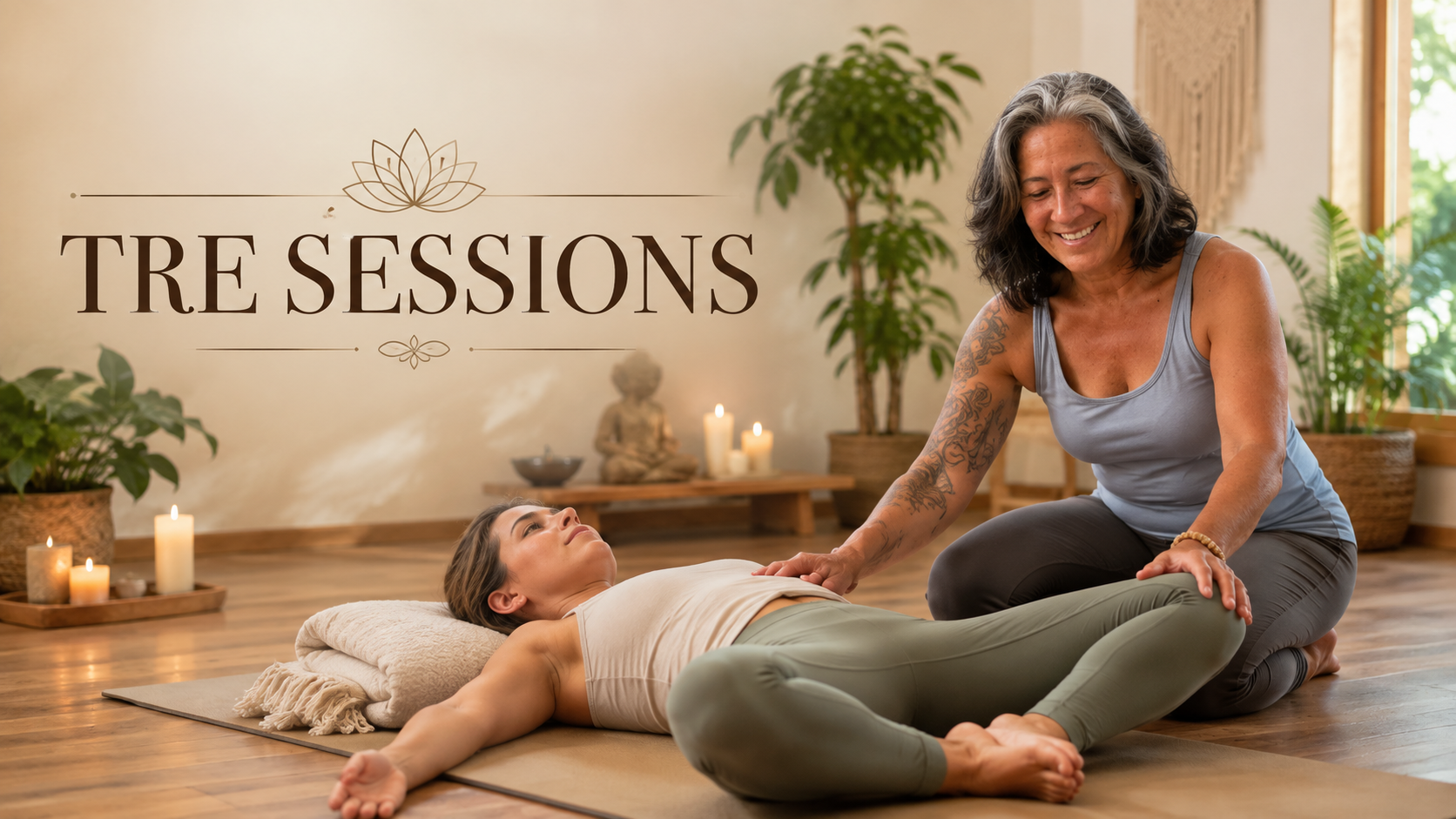 A woman lying on a yoga mat with a pillow under her head, receiving a therapy session from a smiling instructor in a wellness room with candles, plants, and a Buddha statue.