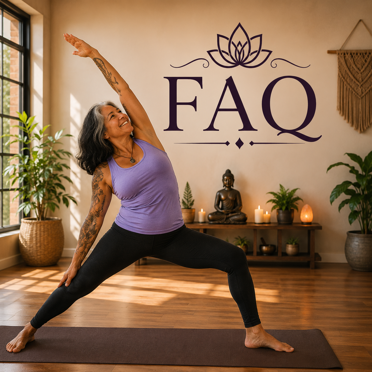 A woman doing yoga in a sunny studio with plants and candles, standing in a warrior pose, in front of a wall with a lotus flower and the text 'FAQ'.