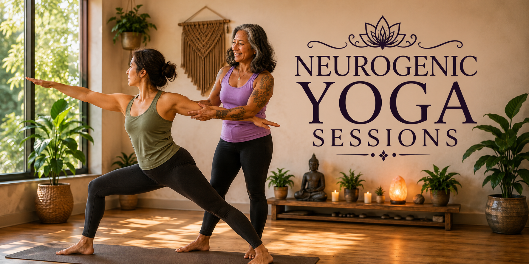 A woman practicing yoga with a woman instructor in a wellness studio with plants, candles, and Buddha statues, promoting Neurogenic Yoga sessions.