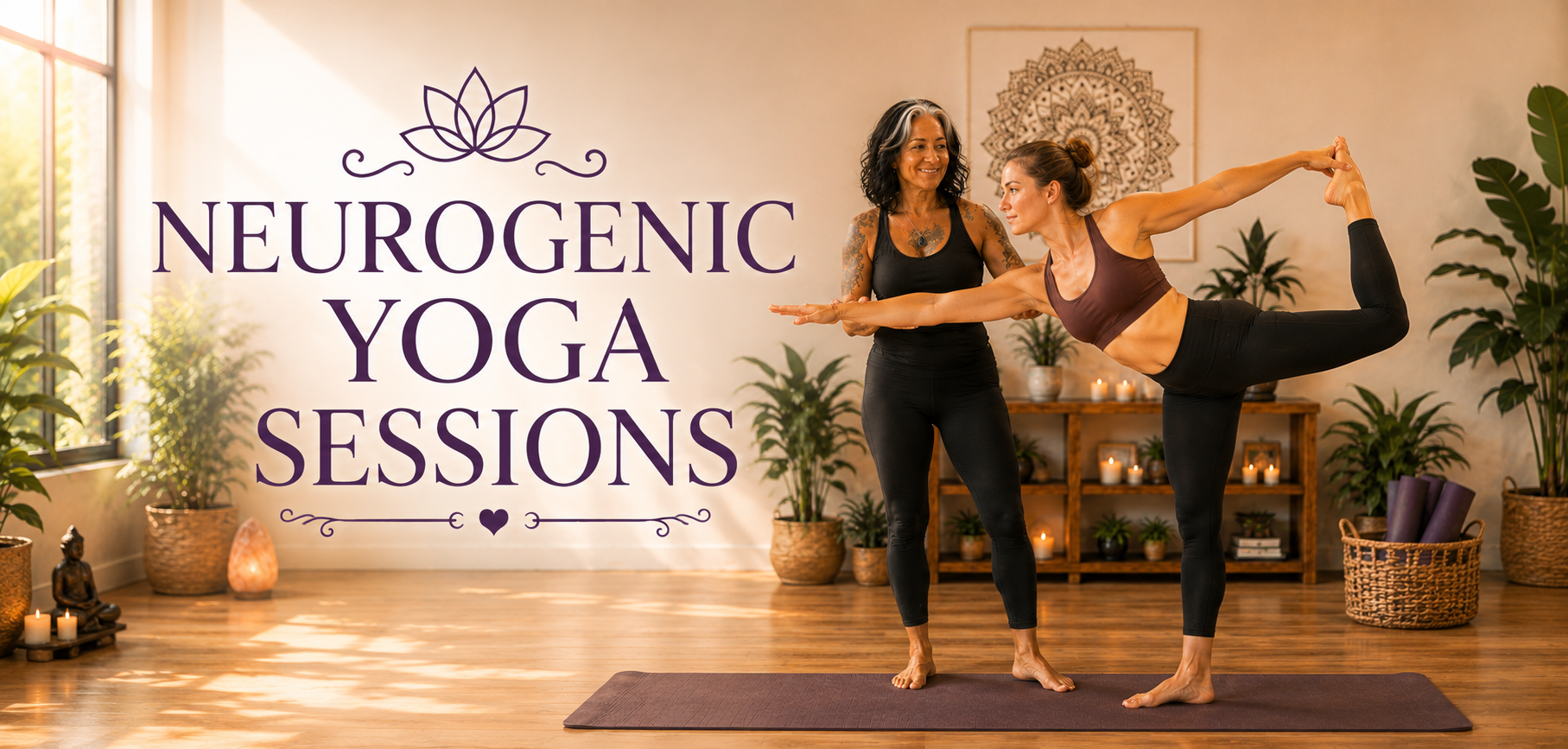 Two women practicing yoga in a wellness studio with candles and plants, with a sign on the wall that reads 'Neurogenic Yoga Sessions'.