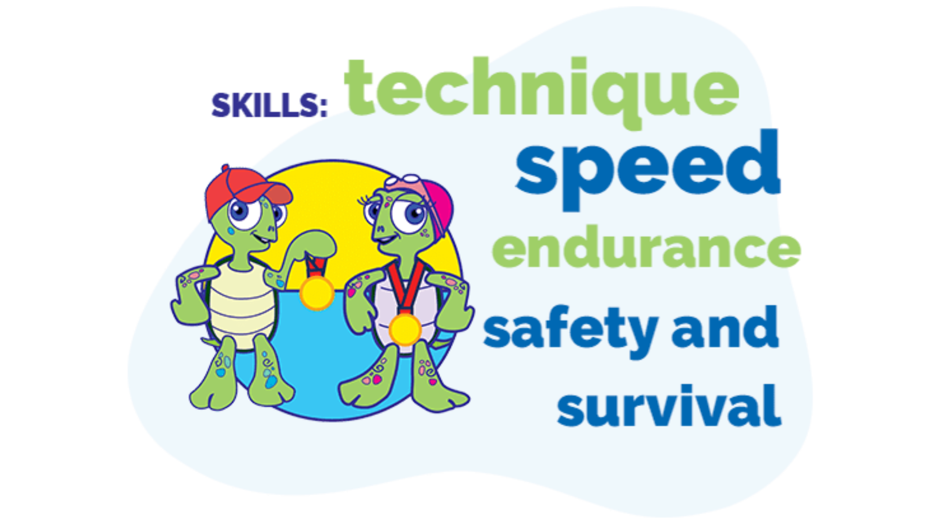 Cartoon marine turtles wearing swimwear and medals, with words like technique, speed, endurance, safety, and survival, emphasizing swimming skills.