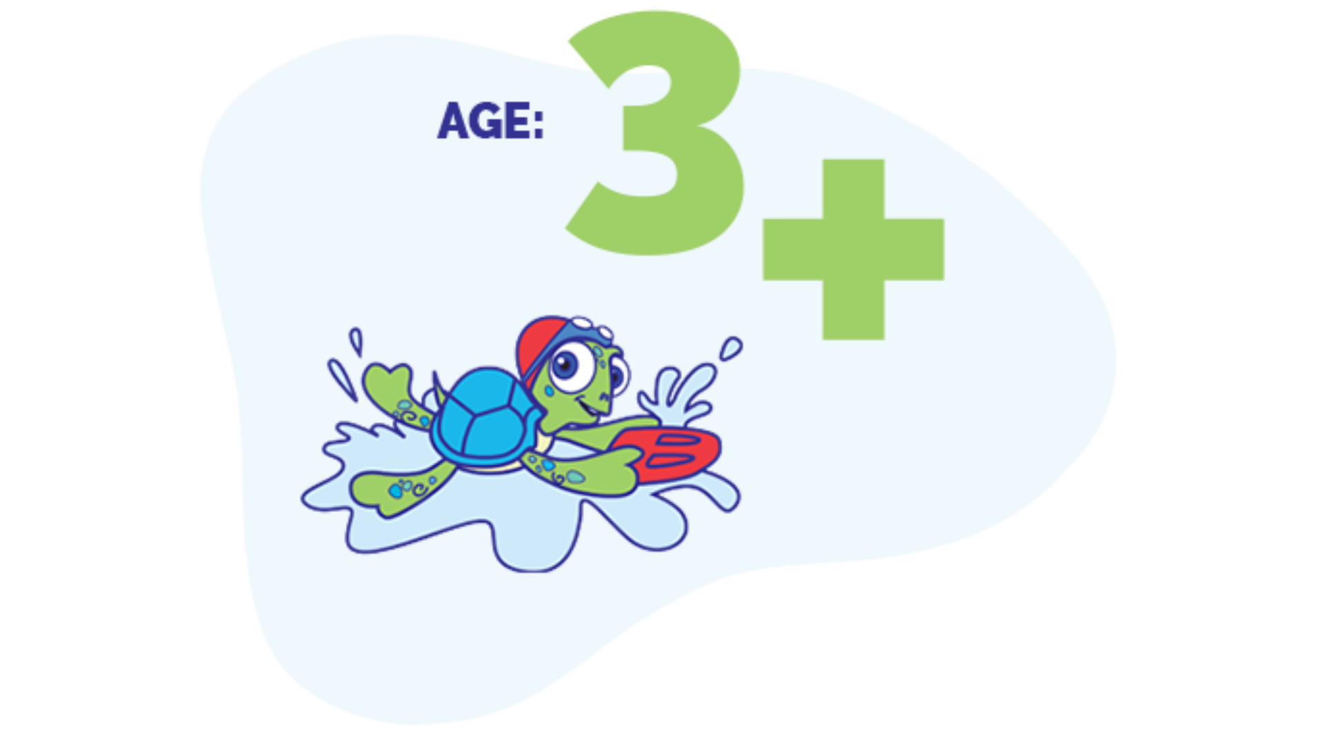 Cartoon illustration of a turtle carrying a red backpack, with the text "Age: 3+" and a green plus sign.