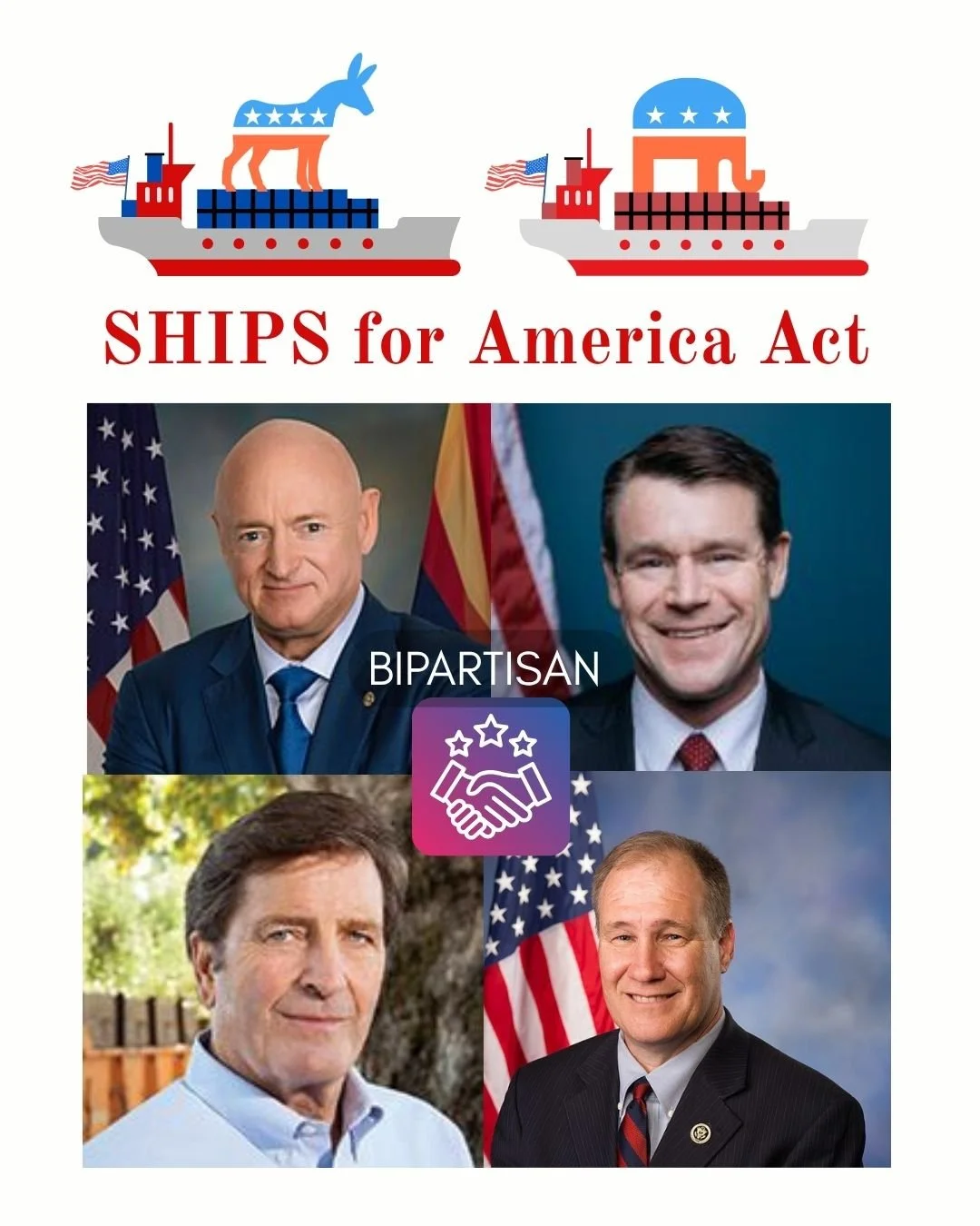 The sponsors for the bipartisan SHIPS for America Act are @senmarkkelly (D-Arizona), @toddyoungin (R-Indiana), @repgaramendi (D-California), and @reptrentkelly (R-Mississippi).

This post contains some of the provisions planned in the bill. The bill 