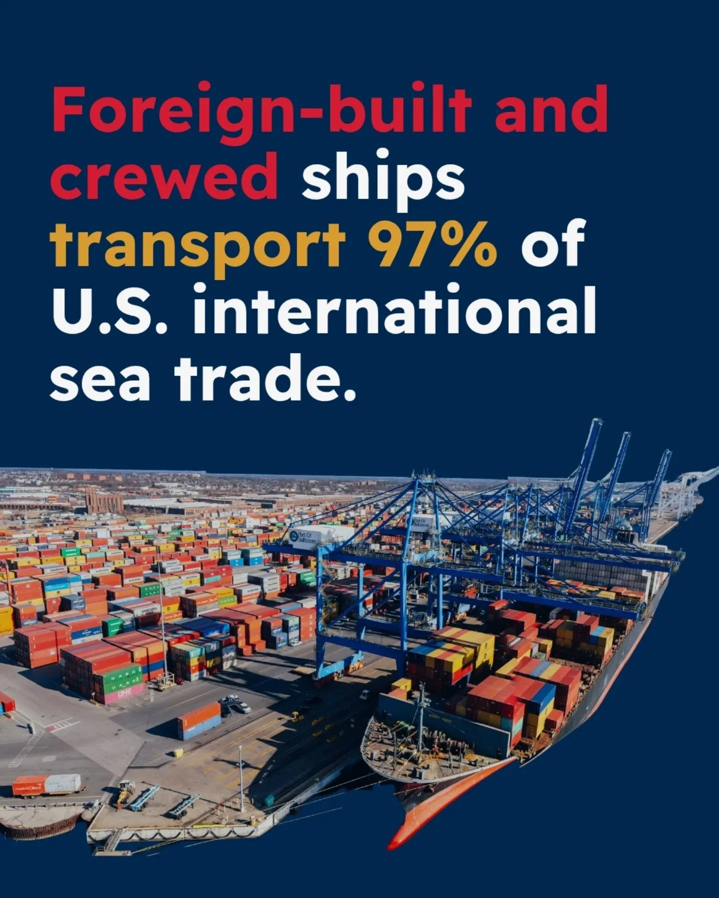 According to statements from MARAD, the U.S. carries less than 3% of its own cargo. At our peak in 1826, U.S. ships carried over 90% of U.S. international cargo.