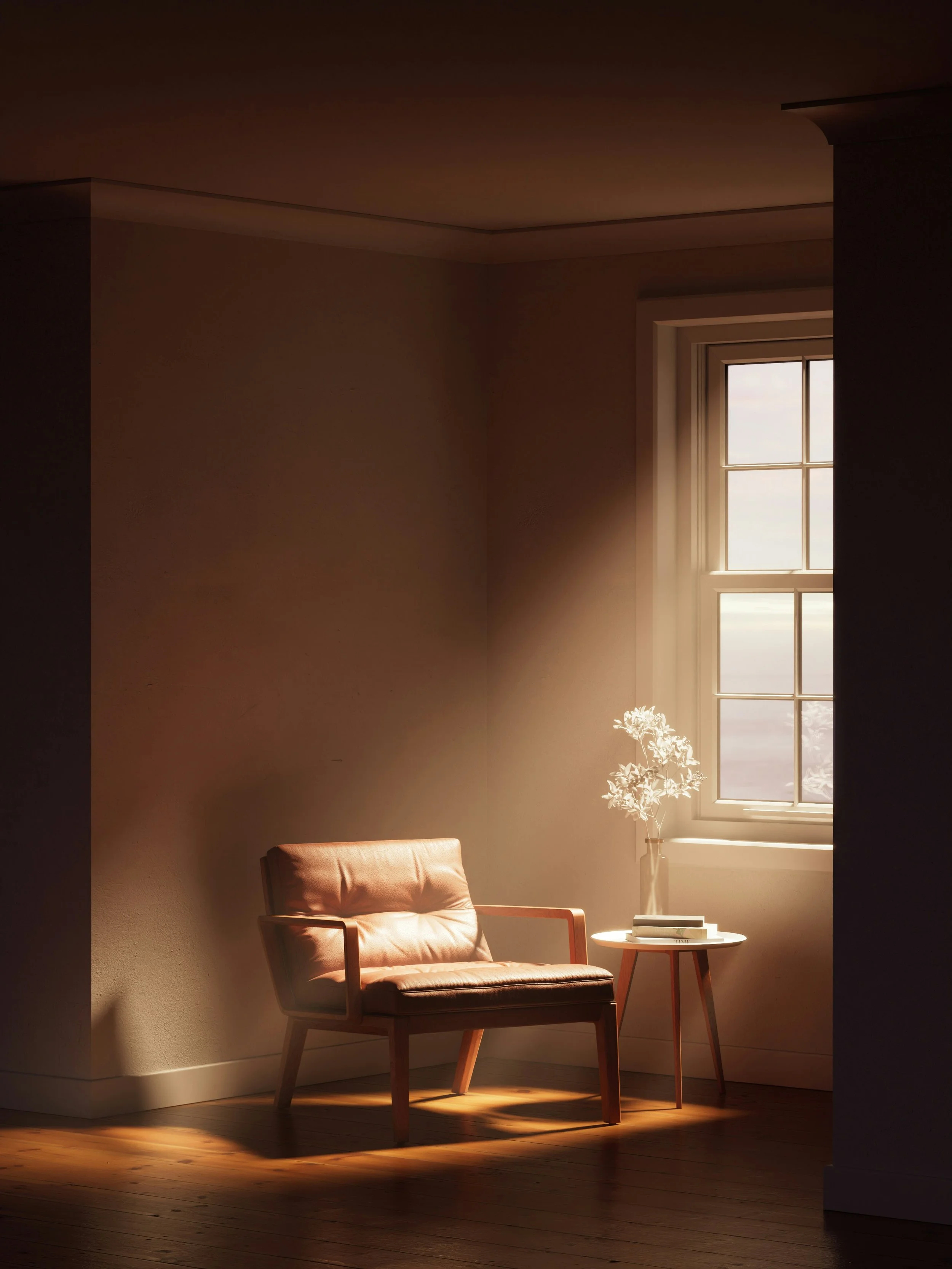 Empty armchair glowing in warm morning light beside a window, representing the space held for ketamine assisted psychotherapy