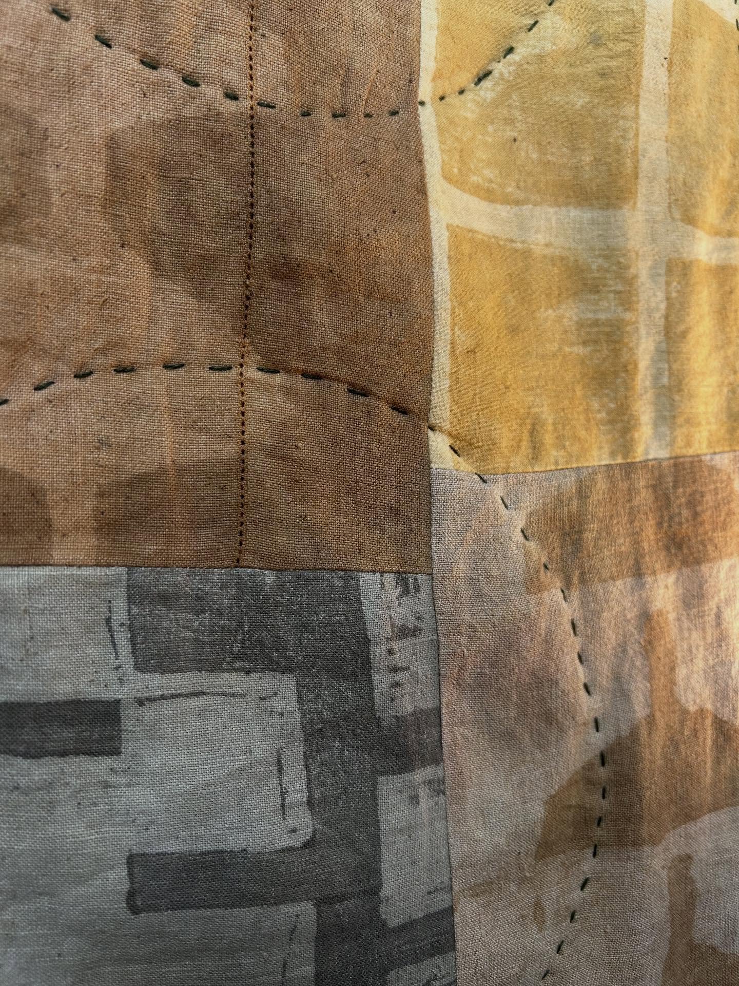 The wonder of natural dyes , printing , vintage fabrics with their own history and then all stitched into a unique quilt .
Each quilt is made slowly, it can&rsquo;t be rushed. 
This all encompassing process from colour to stitch to finished piece sho