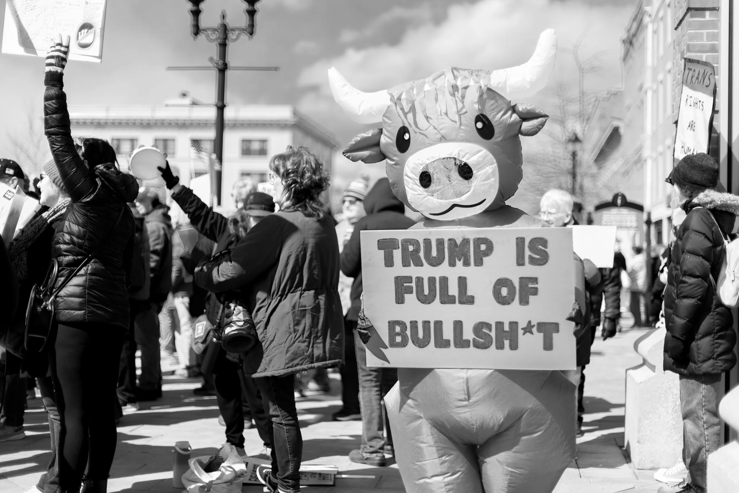A protest with a large paper mache bull figure holding a sign that reads 'Trump is full of bullsh*t.' People surrounding the bull are holding signs and participating in the protest in an urban setting with buildings and a cloudy sky on a sunny day.
