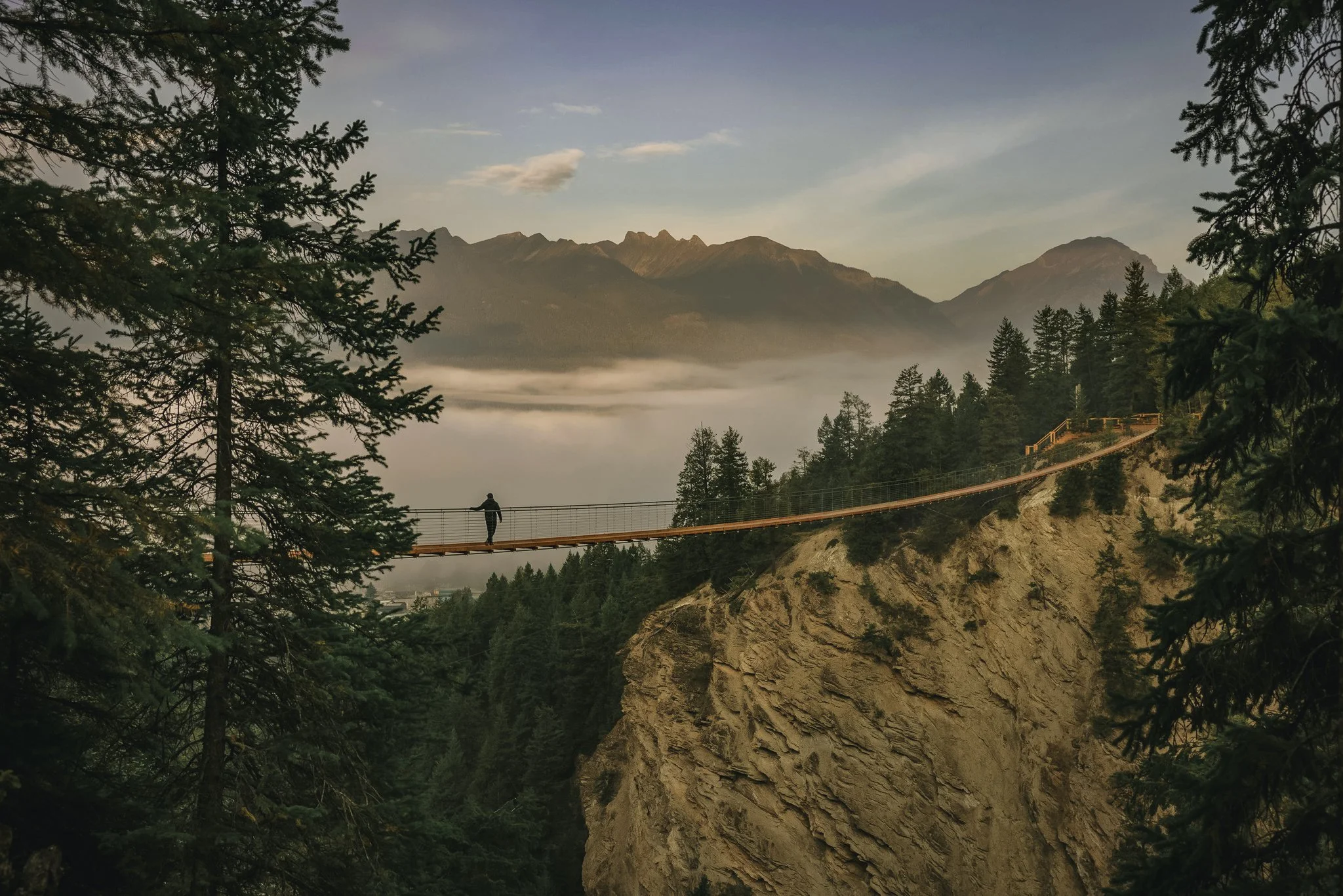 A person walking on a suspension bridge in a mountainous forest area with tall trees, misty mountains in the background, and a partly cloudy sky.